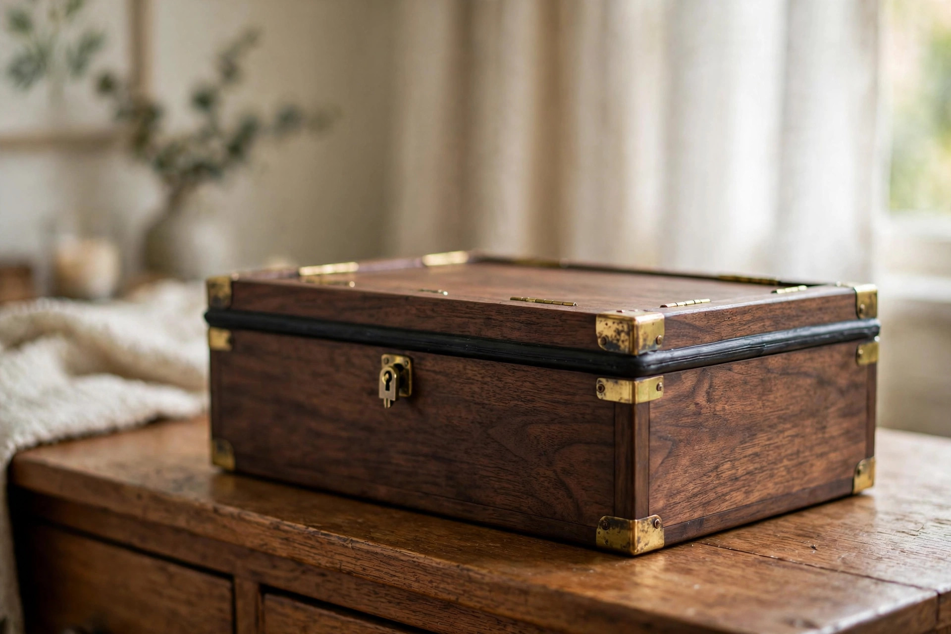 Waterproof jewelry storage boxes with locks buying guide: a locked jewelry box on a wooden dresser in a bright bedroom