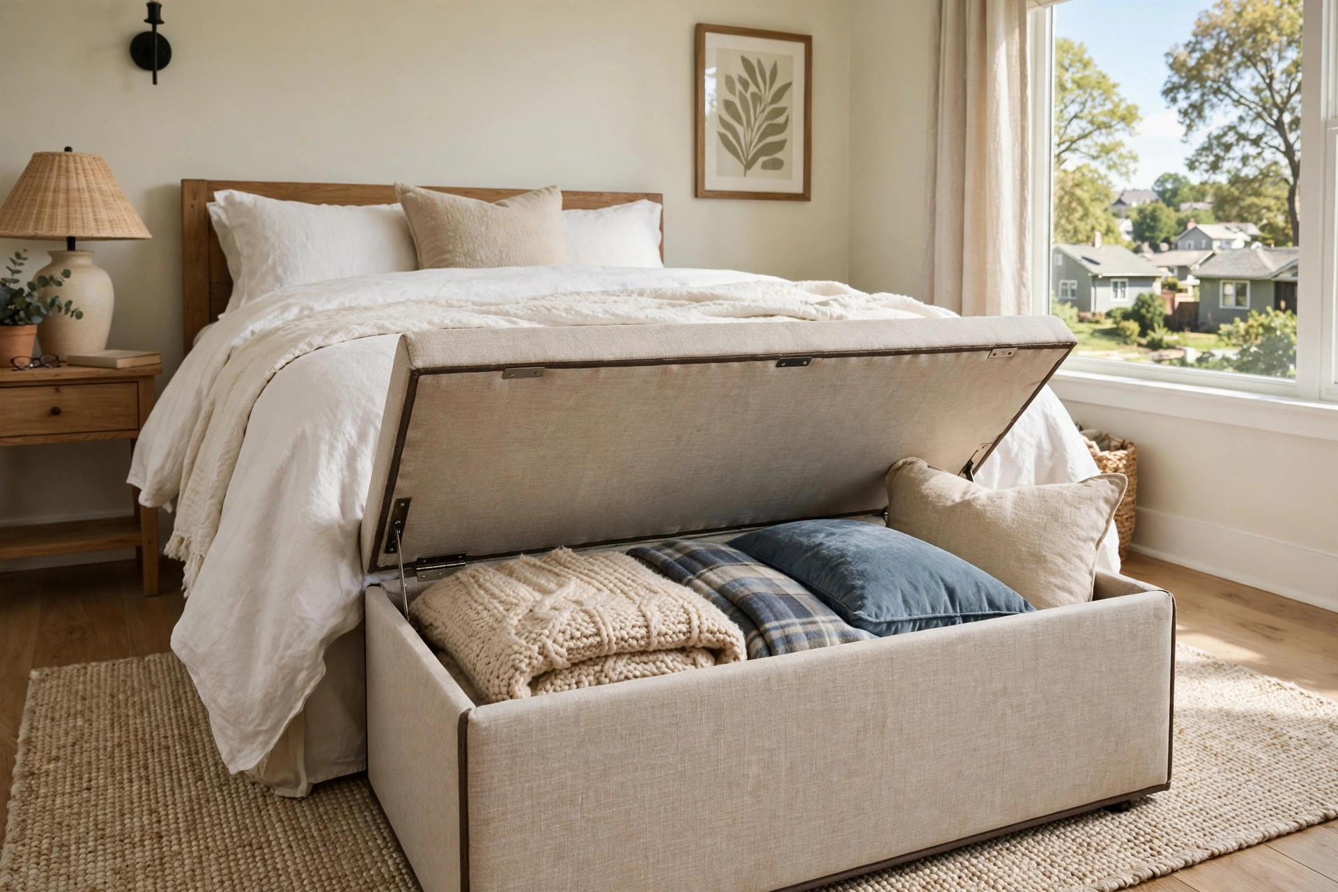 where to buy ottoman storage benches in colorado: Storage ottoman bench with open lid in a Colorado home bedroom