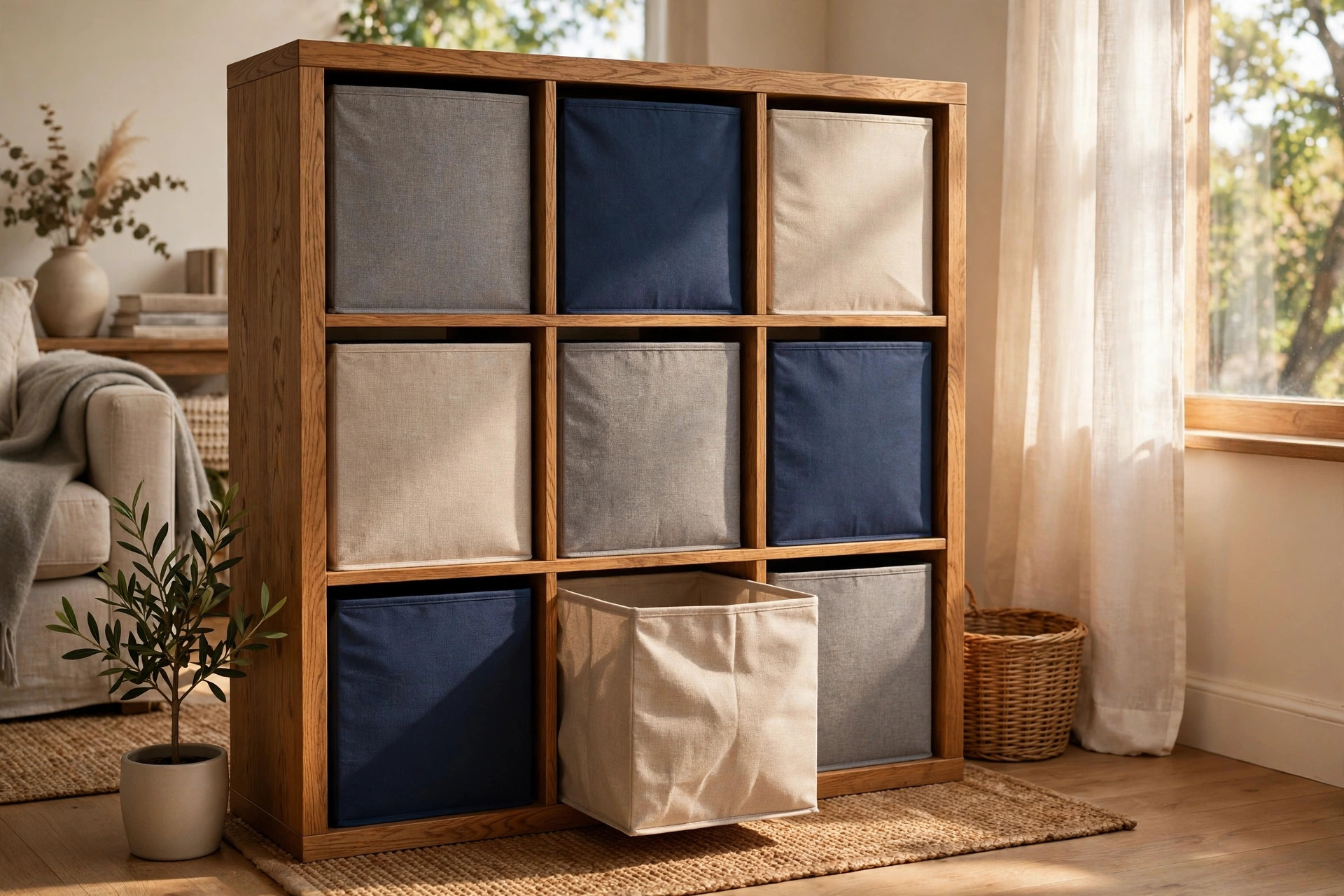 fabric storage cubes reviews and buying guide: Fabric storage cubes arranged in a wooden cube shelf in a living room