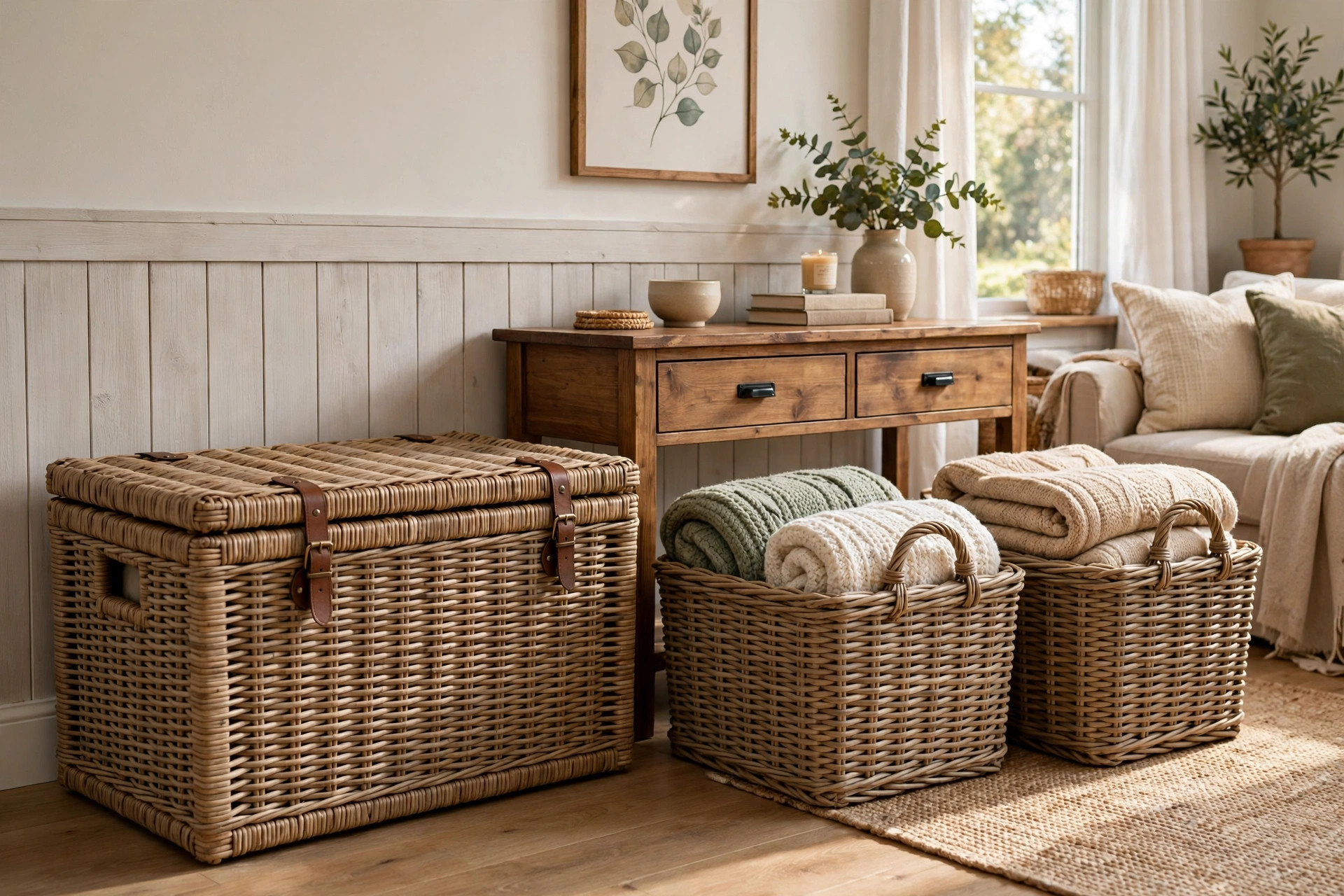 Heavy duty wicker storage baskets with free shipping in a tidy American living room