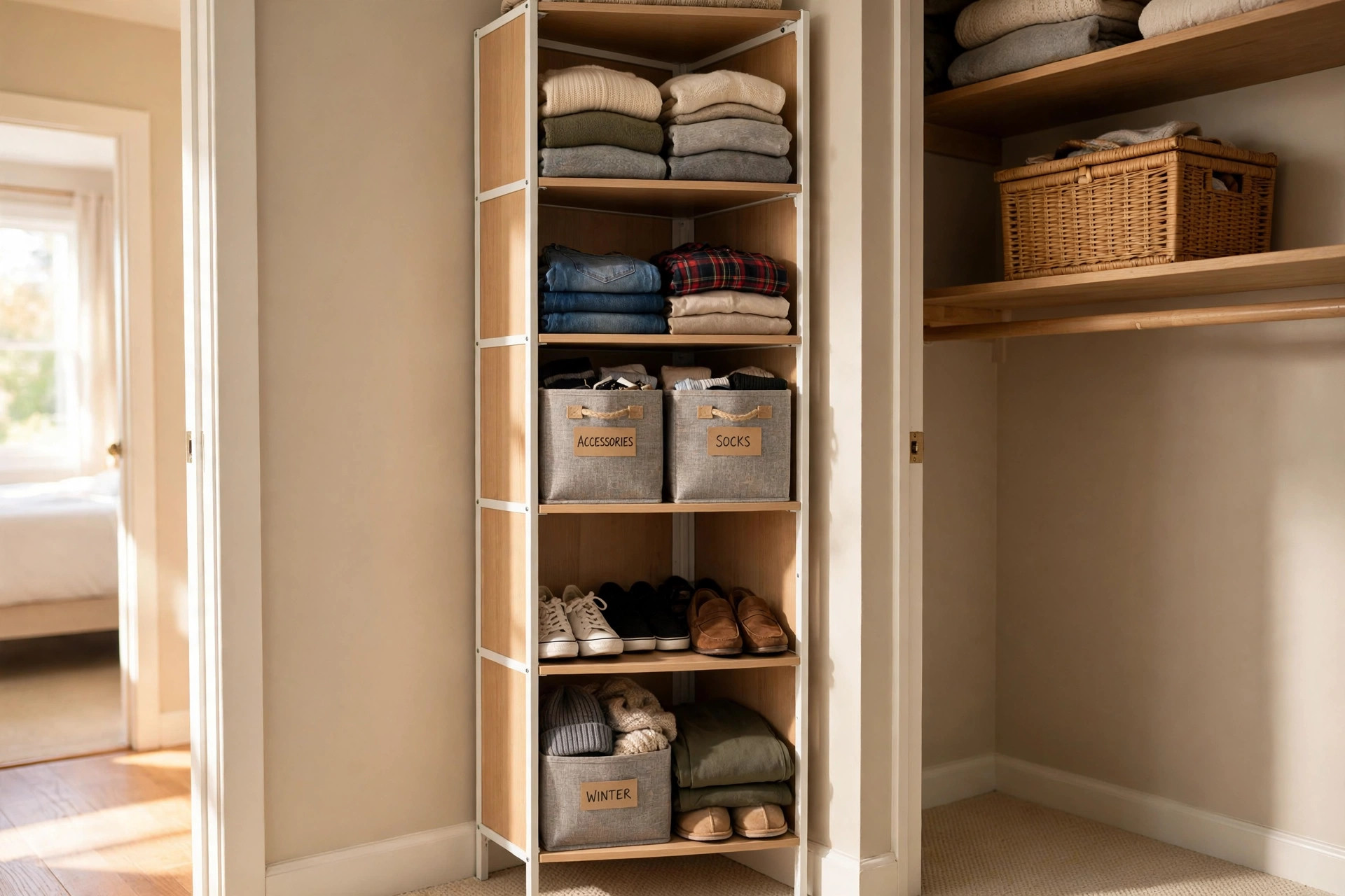 budget friendly corner closet organizers with free shipping in a tidy home closet