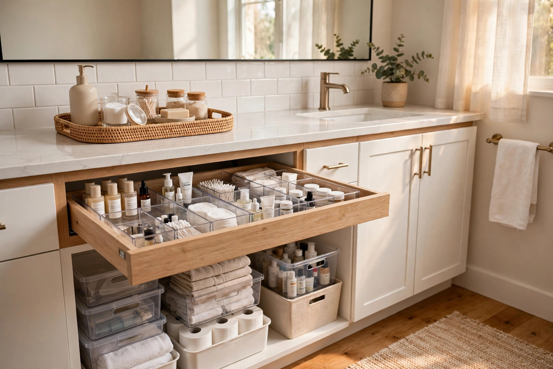 bathroom vanity organizers price comparison usa: Neat bathroom vanity organizers on a countertop in an American bathroom