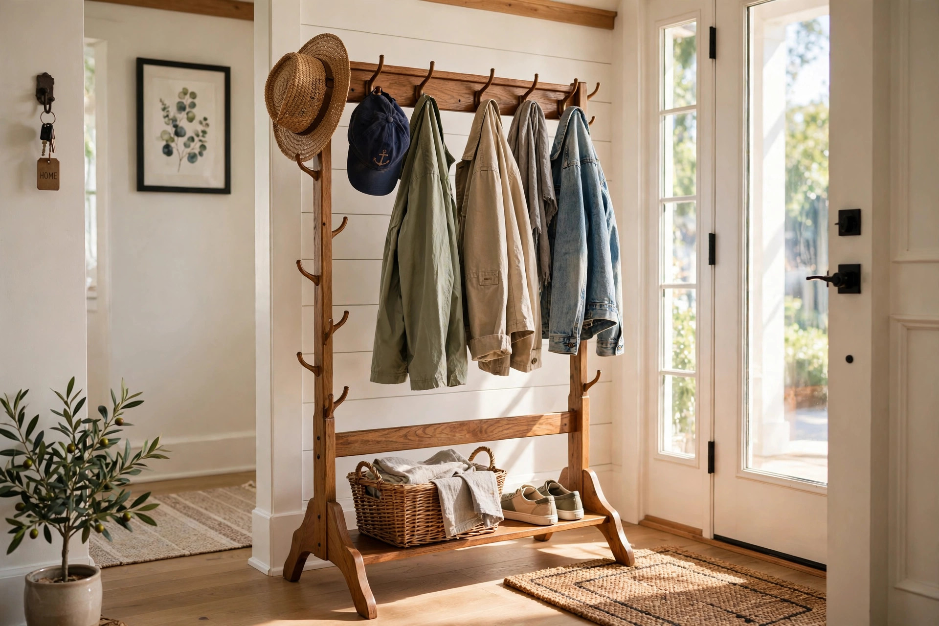 best entryway coat racks for southern states: Wooden entryway coat rack with hats and jackets in a bright American home