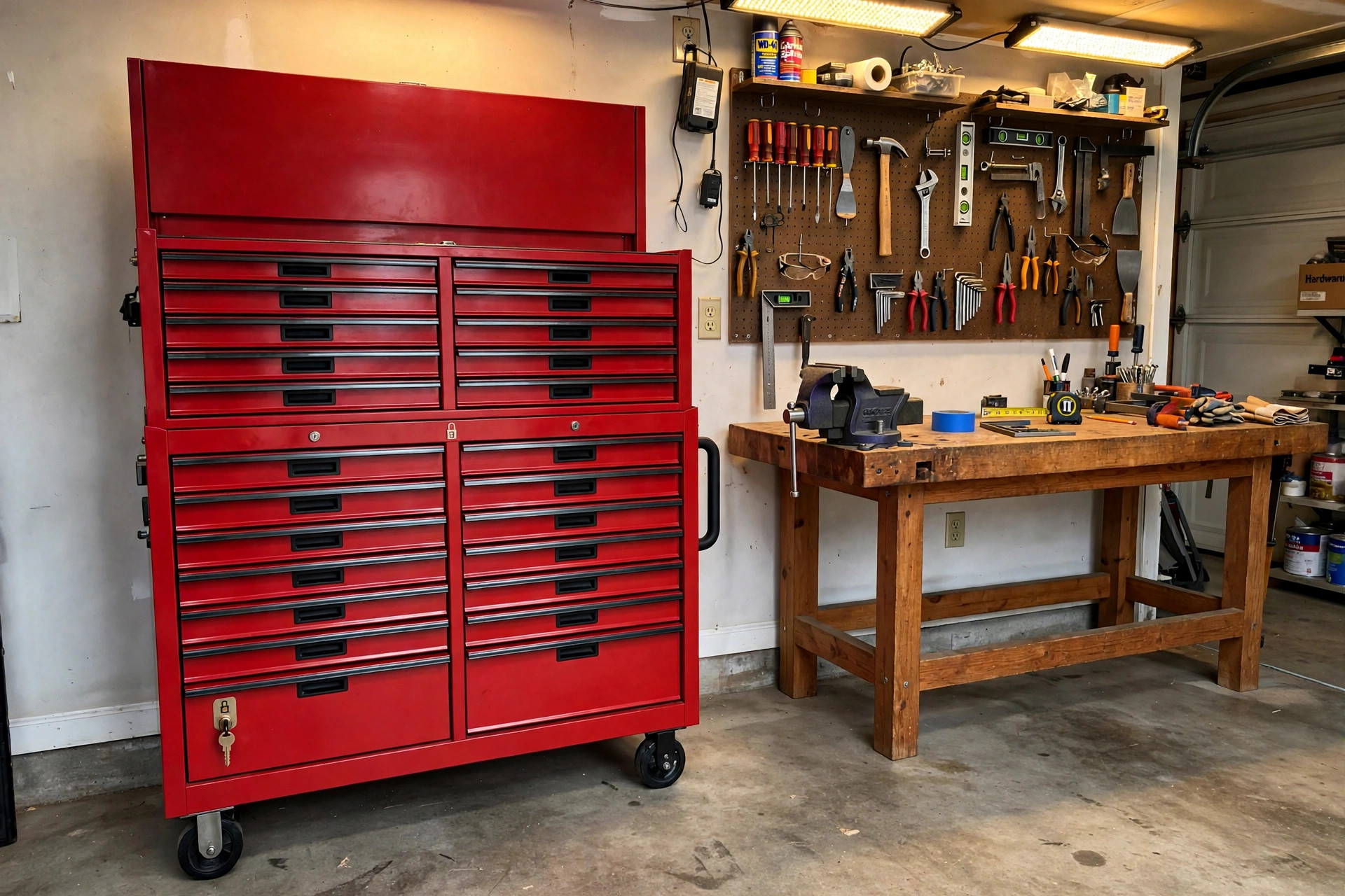 lockable workshop tool chests for sale: A red lockable workshop tool chest with closed drawers in a home garage