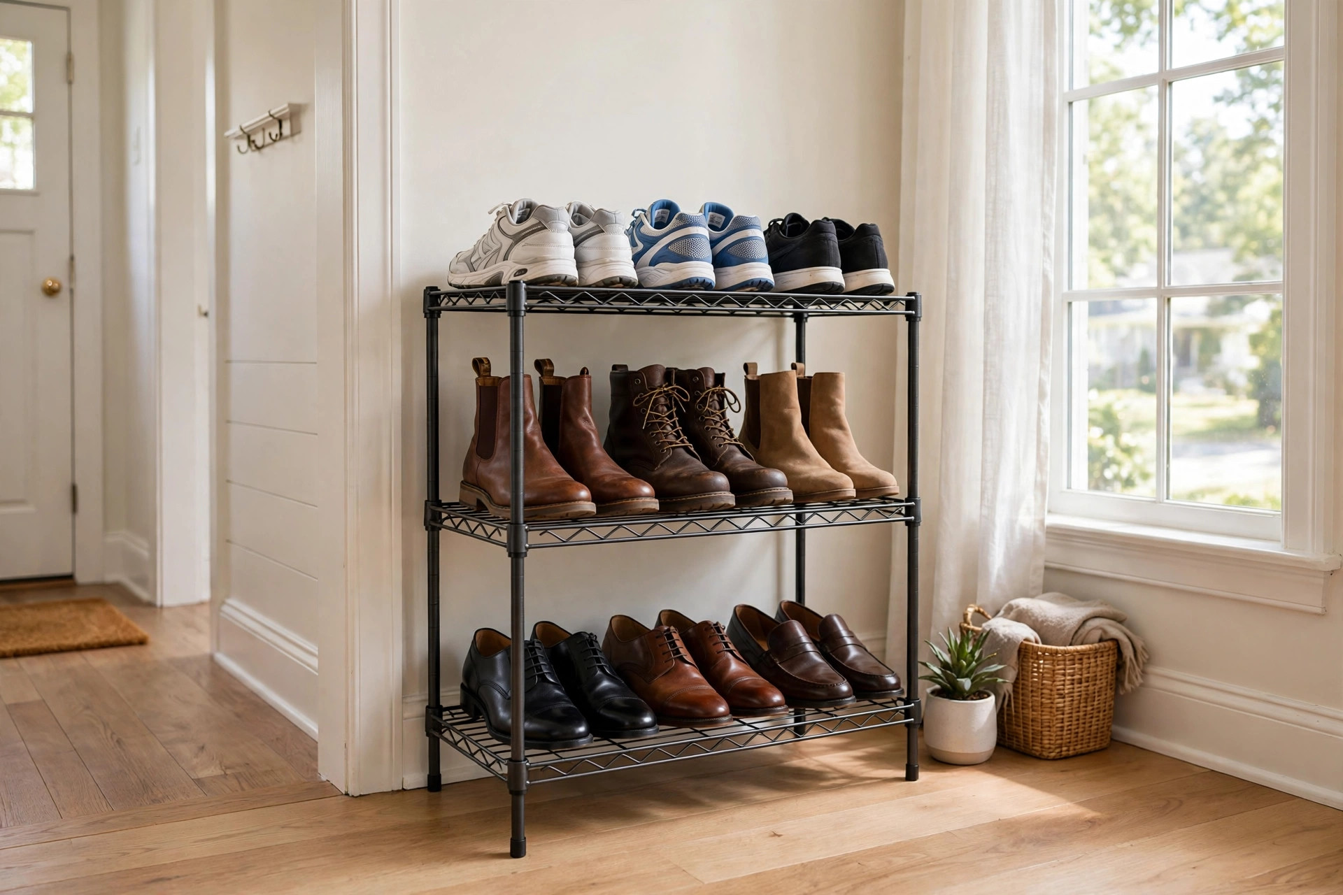 Shoe storage racks price comparison USA: three-tier metal rack with shoes in a hallway