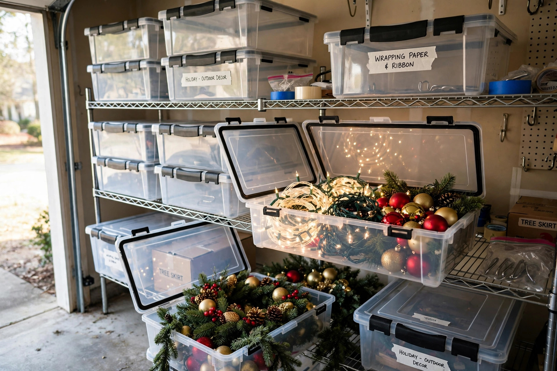 waterproof holiday decoration storage boxes buying guide: Waterproof storage boxes holding holiday decorations in a home garage