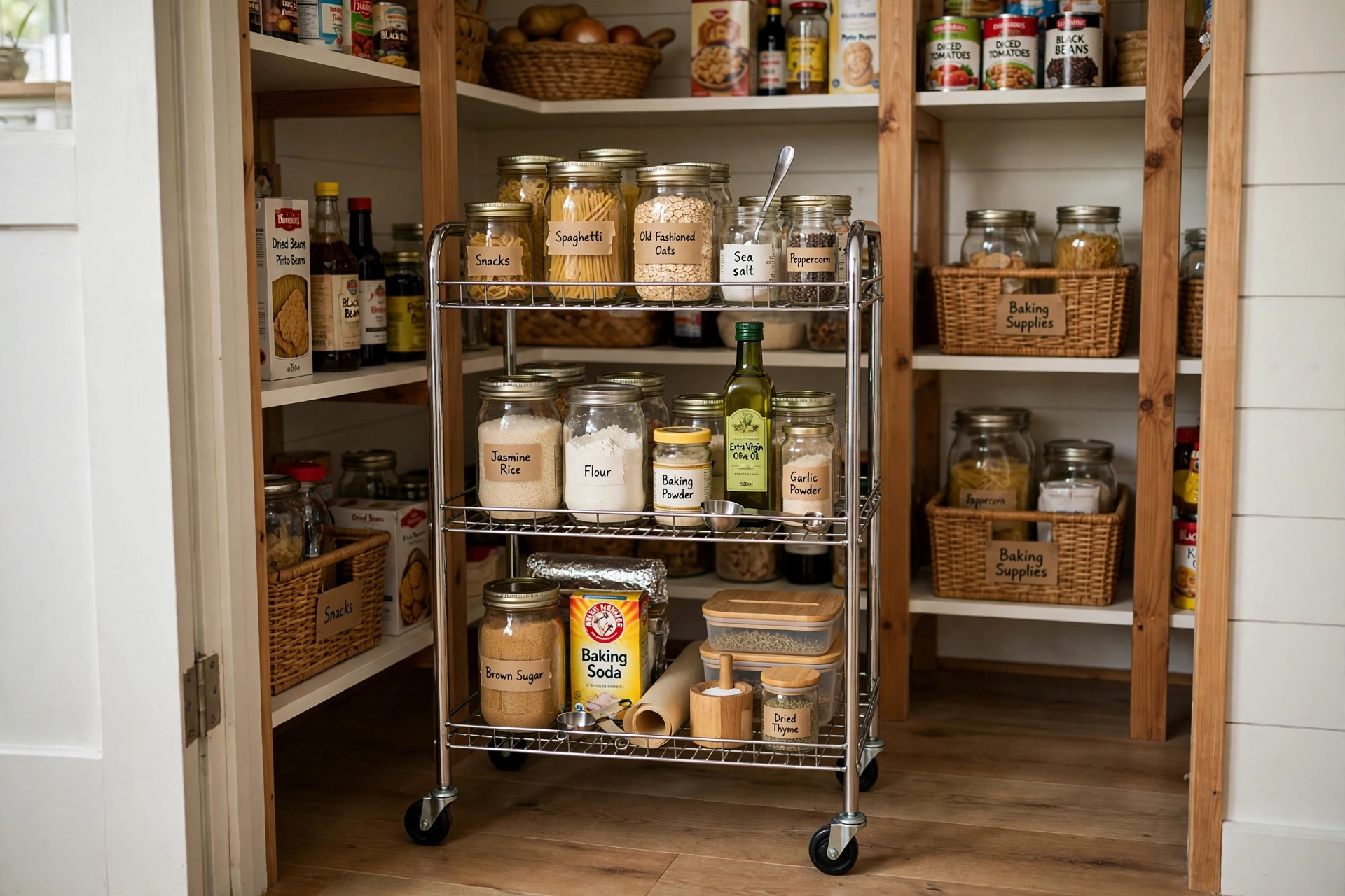 Space saving rolling storage carts with free shipping in a home pantry