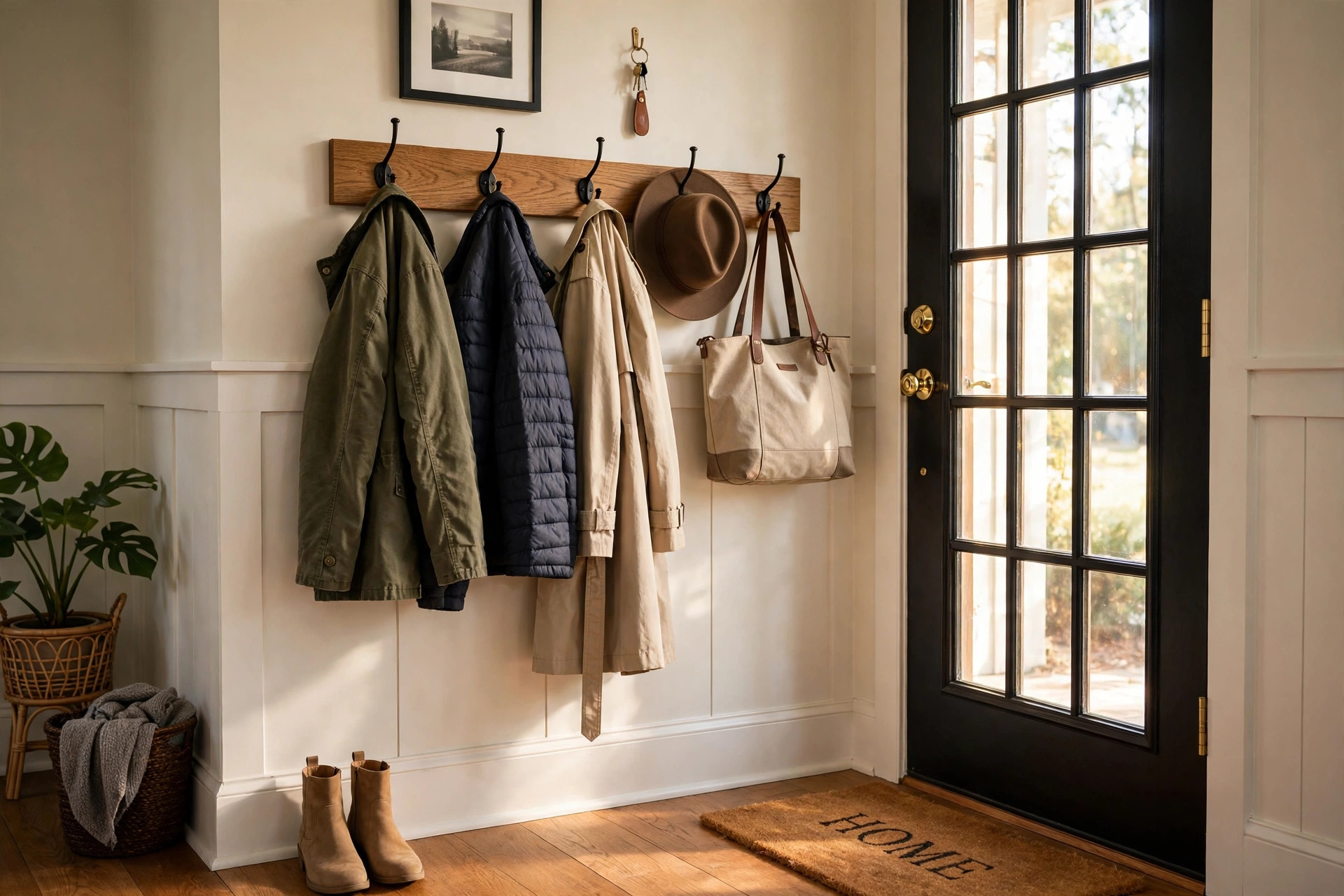 where to buy entryway coat racks in texas: Entryway coat rack with coats and hats in a Texas home