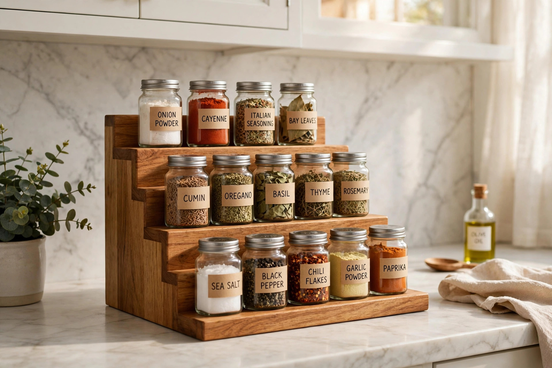 spice rack organizers reviews and buying guide: A wooden countertop spice rack organizer holding labeled glass jars in a bright home kitchen