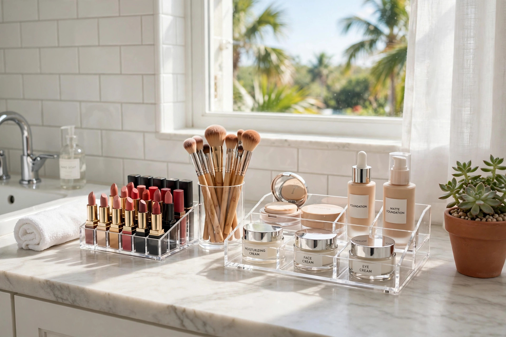best makeup and cosmetics organizers for florida homes: Acrylic makeup organizer trays on a bright Florida bathroom vanity