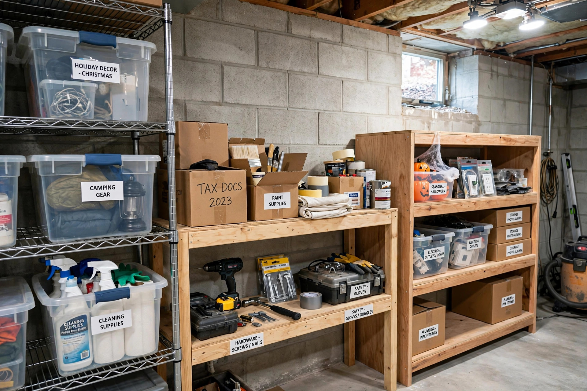 basement shelving units price comparison usa: Basement shelving units with labeled storage bins for price comparison