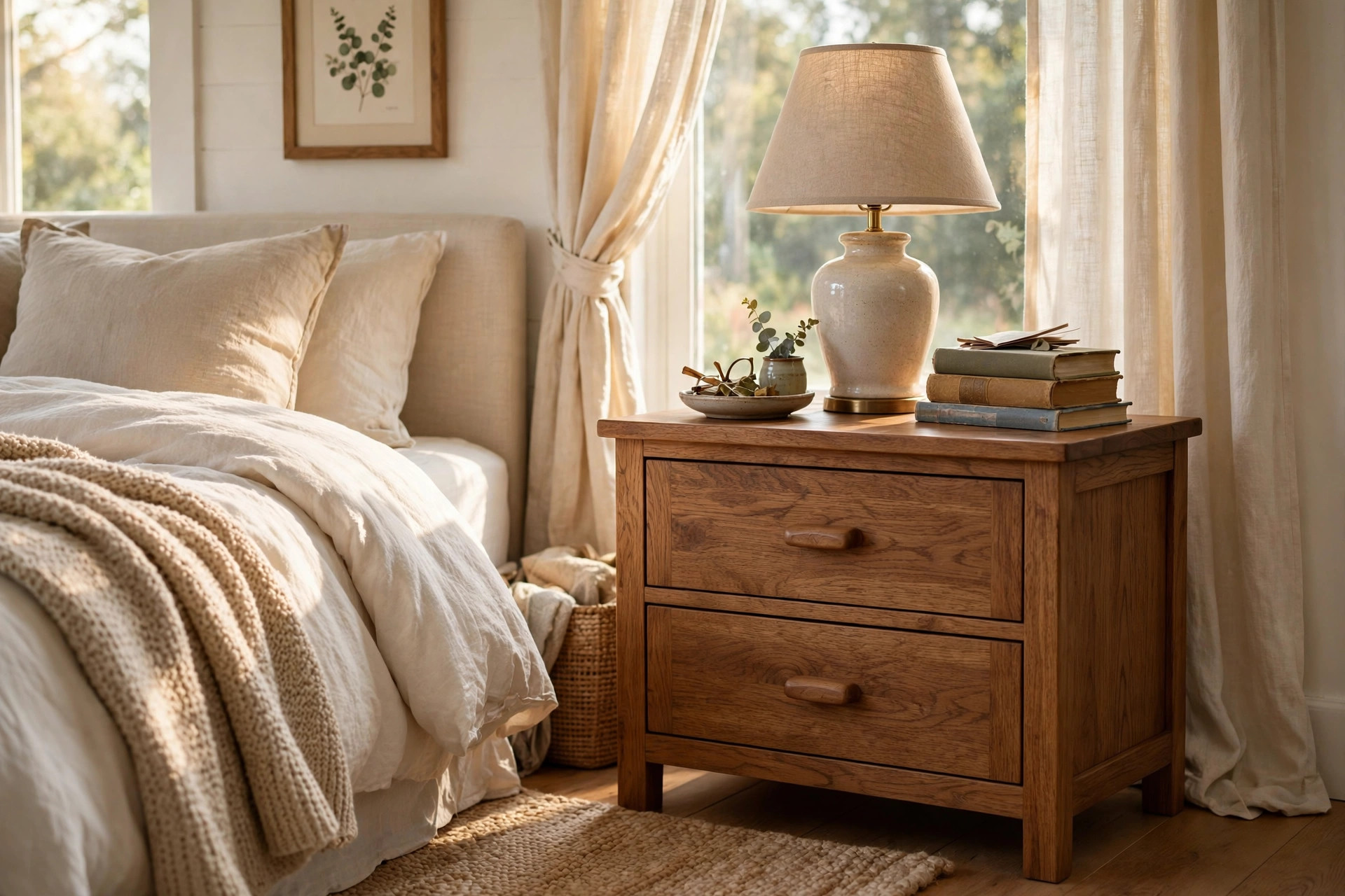 A wooden nightstand with storage drawers beside a bed, buy nightstands with storage drawers online in colorado