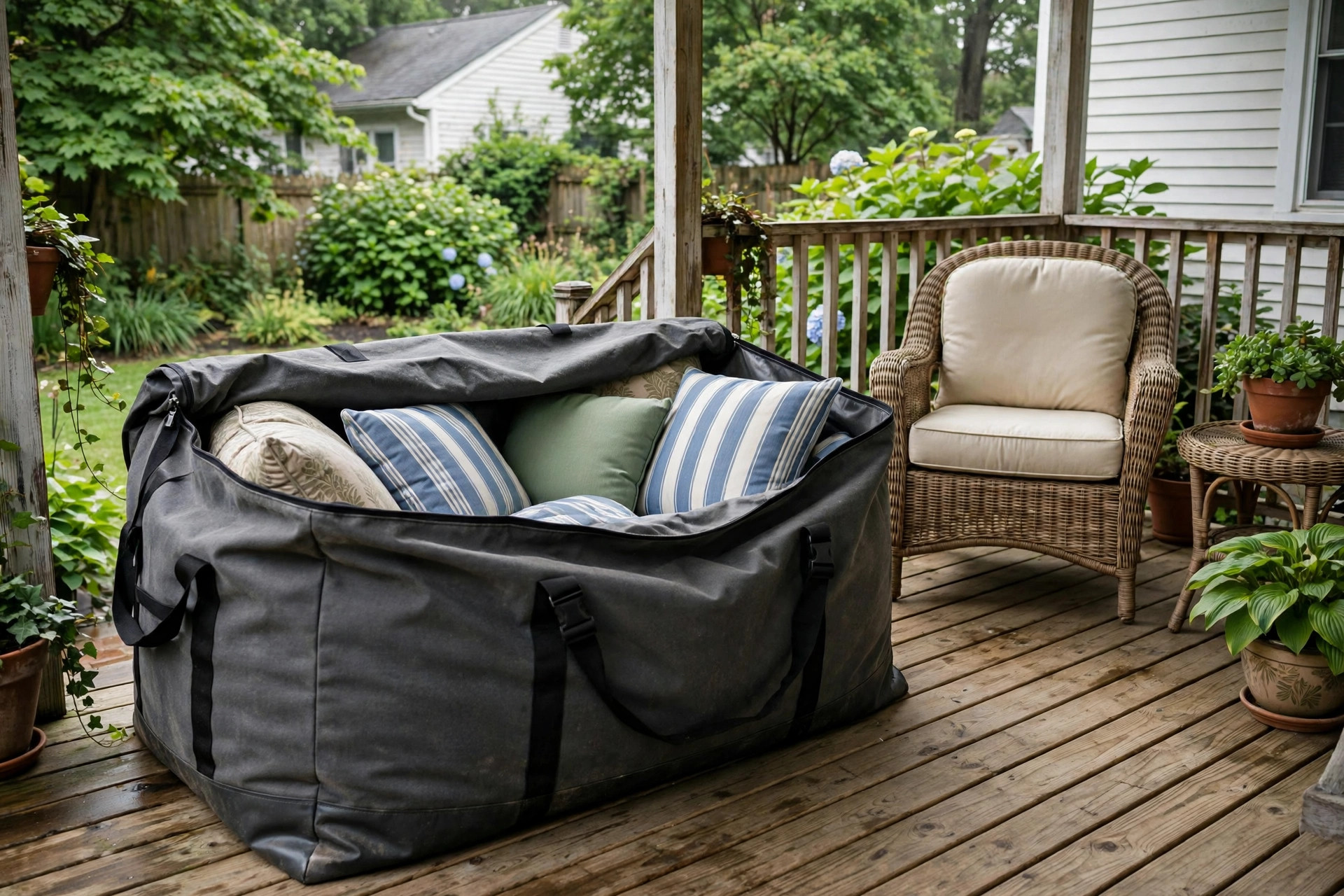 best patio cushion storage bags for humid climates: Patio cushion storage bags for humid climates protecting cushions on a porch
