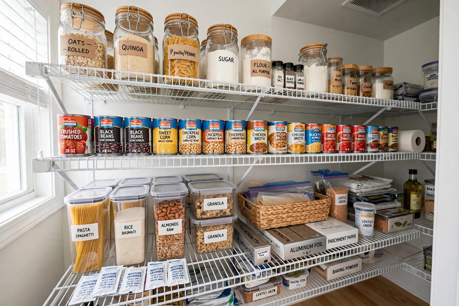 Coated wire pantry shelving unit stocked with food jars in a bright American kitchen pantry, best pantry shelving units for humid climates