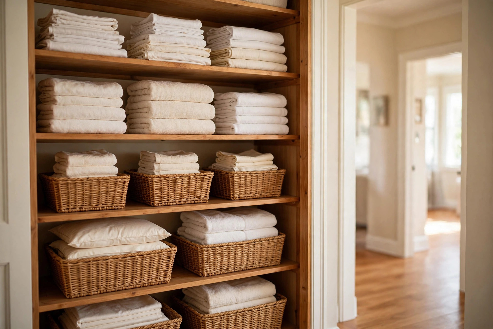 top rated linen closet organizers for texas homes: A linen closet with wood shelves holding folded sheets and towels in a Texas home