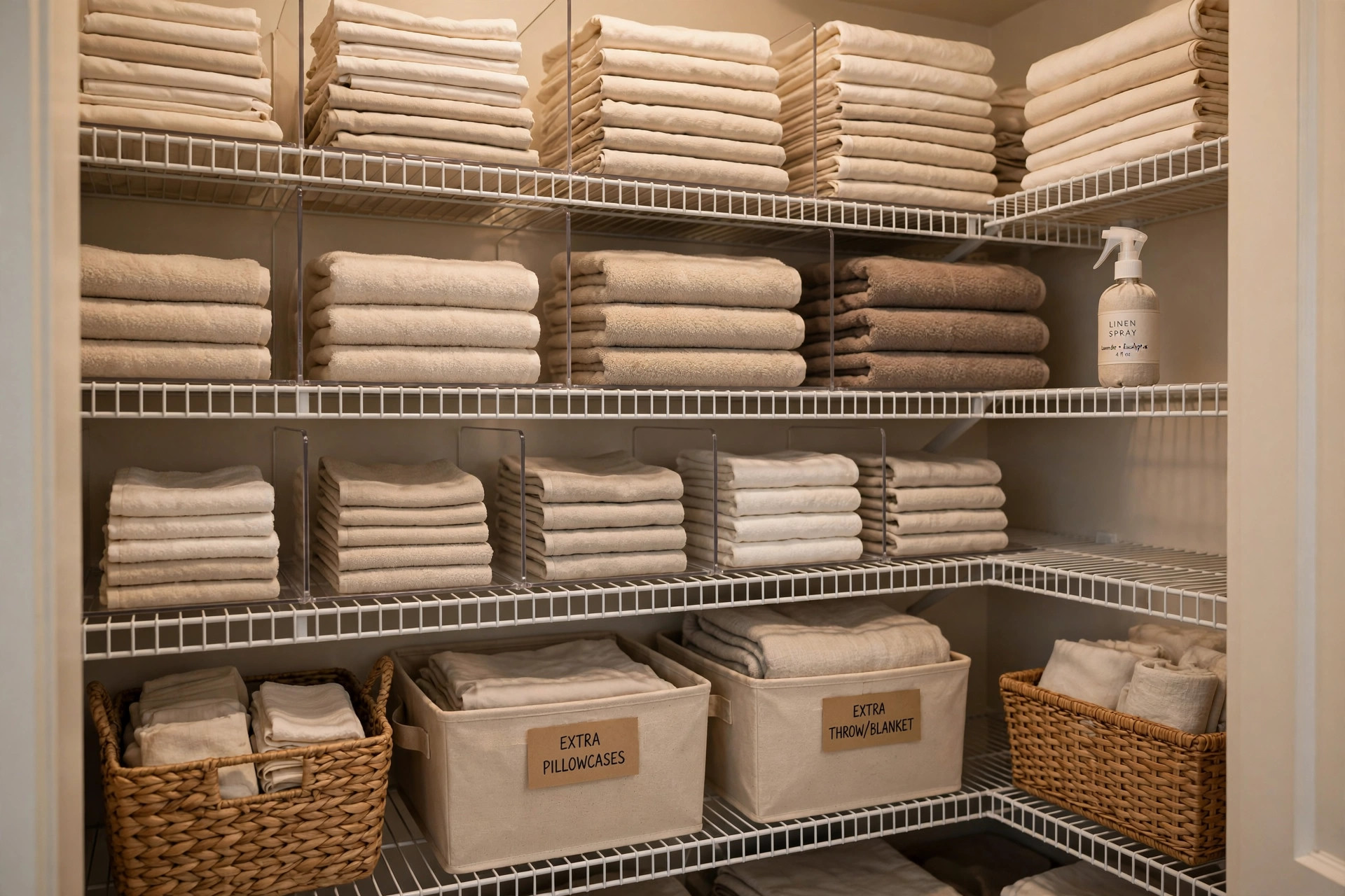linen closet organizers reviews and buying guide: Neat linen closet organizers holding folded sheets and towels in a home linen closet
