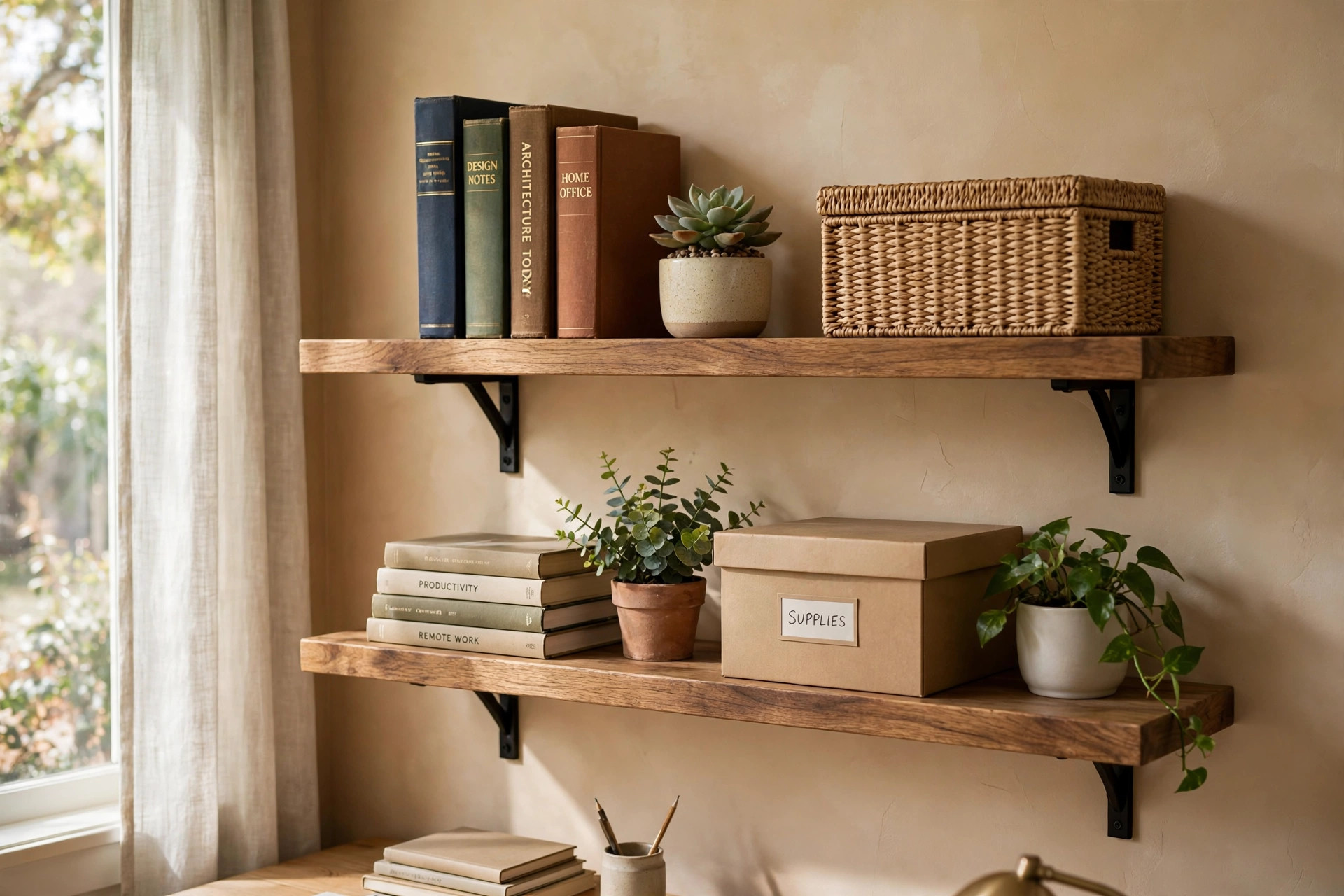 wall mounted storage shelves reviews and buying guide: Wooden wall mounted storage shelves with neatly arranged books, plants, and storage boxes in a bright American home office