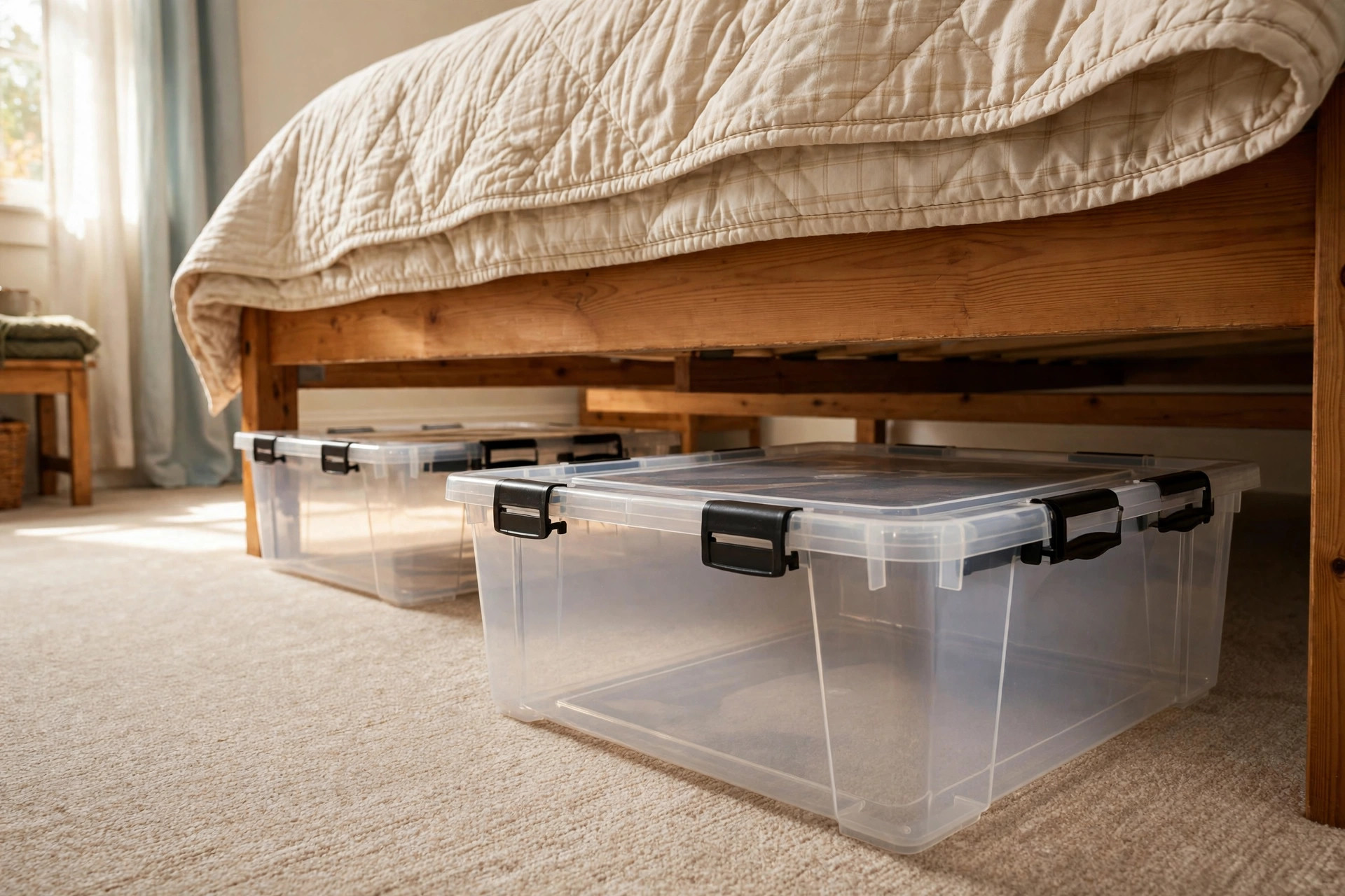 under bed storage containers reviews and buying guide: Under bed storage containers with lids placed neatly beneath a wooden bed frame in a tidy American bedroom