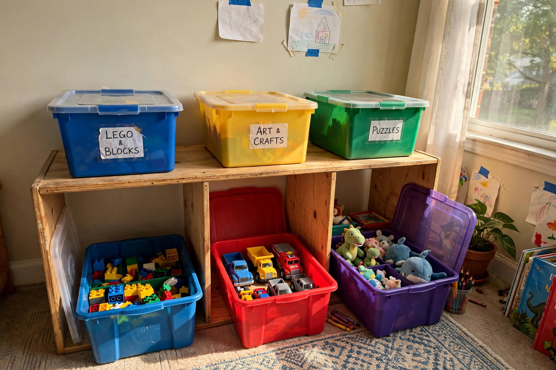 Affordable toy storage bins for sale in a home playroom