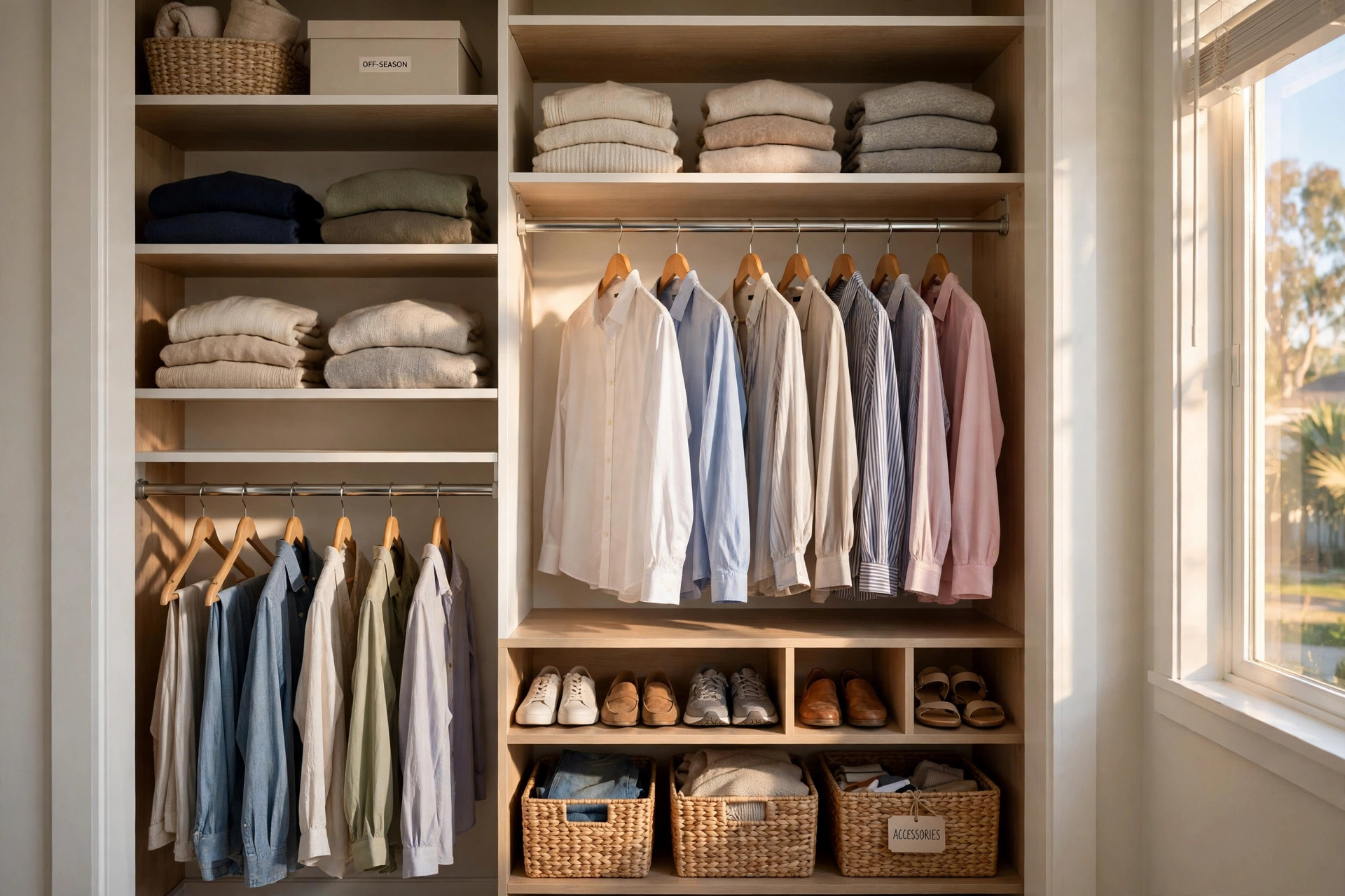 buy closet organizer systems online in california: A tidy reach-in closet with a closet organizer system installed in a California home
