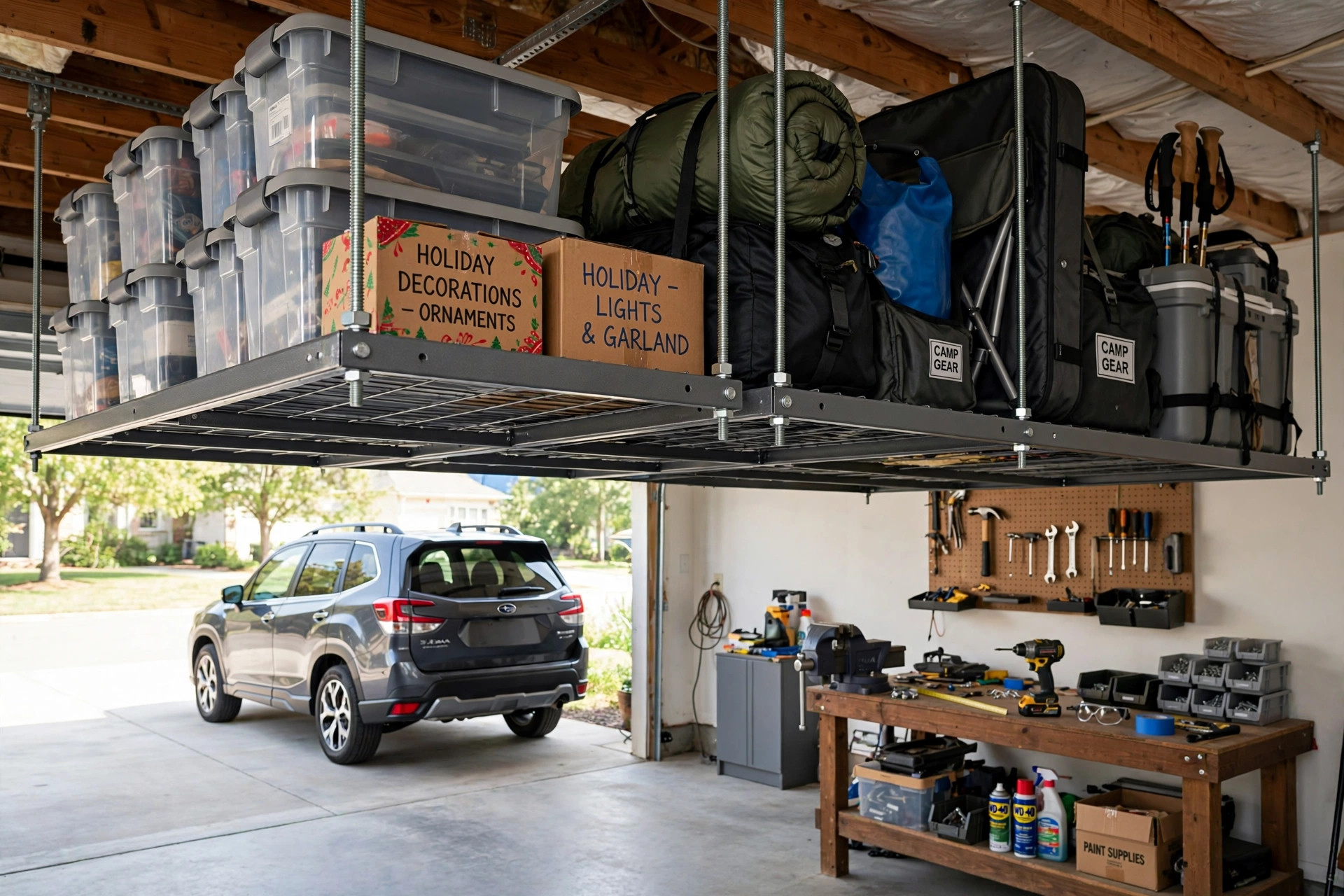 Ceiling-mounted racks from this top rated overhead garage storage systems buying guide in a real American garage