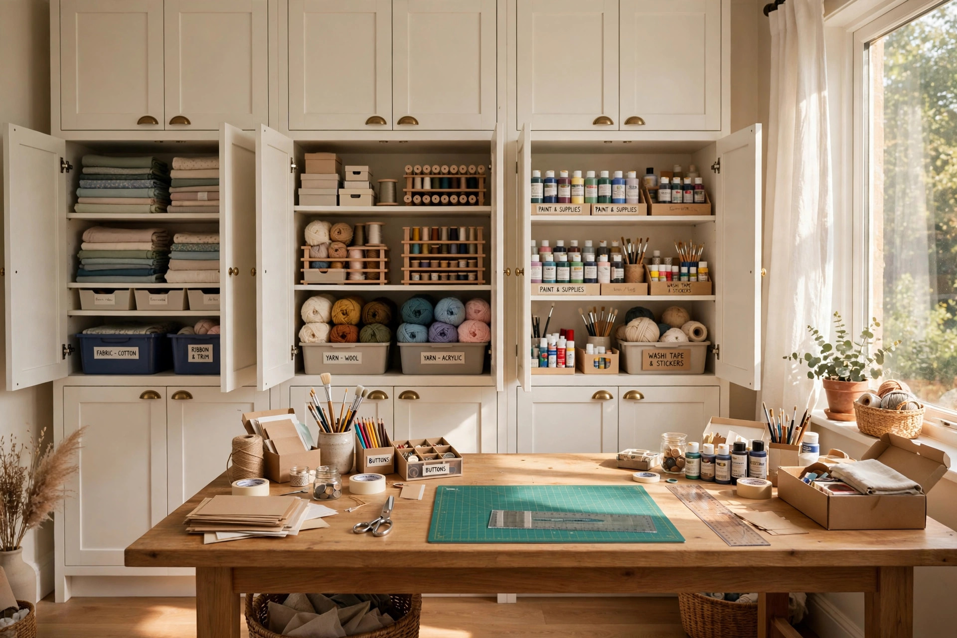craft room storage cabinets reviews and buying guide: Craft room storage cabinets filled with supplies in a tidy craft room
