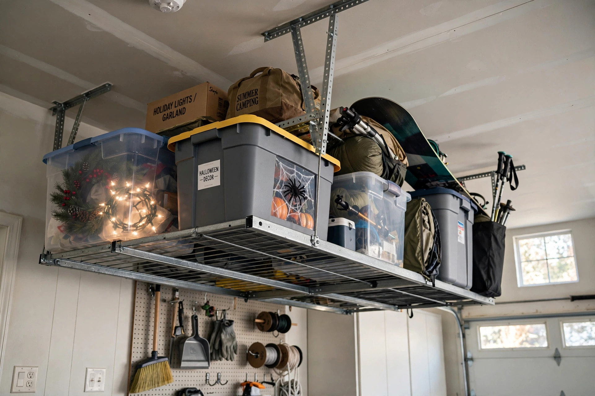 Garage ceiling storage racks price comparison usa in an American home garage