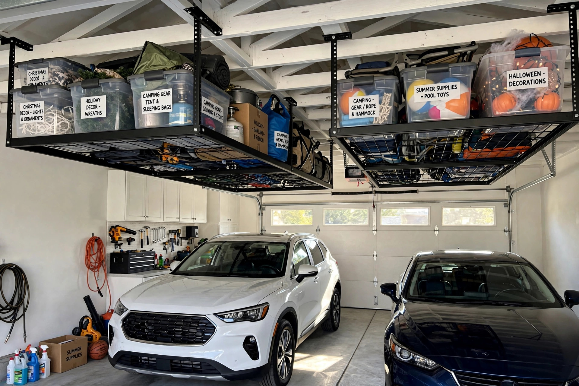 garage ceiling storage racks reviews and buying guide: Overhead garage ceiling storage racks installed above parked cars in a tidy American garage