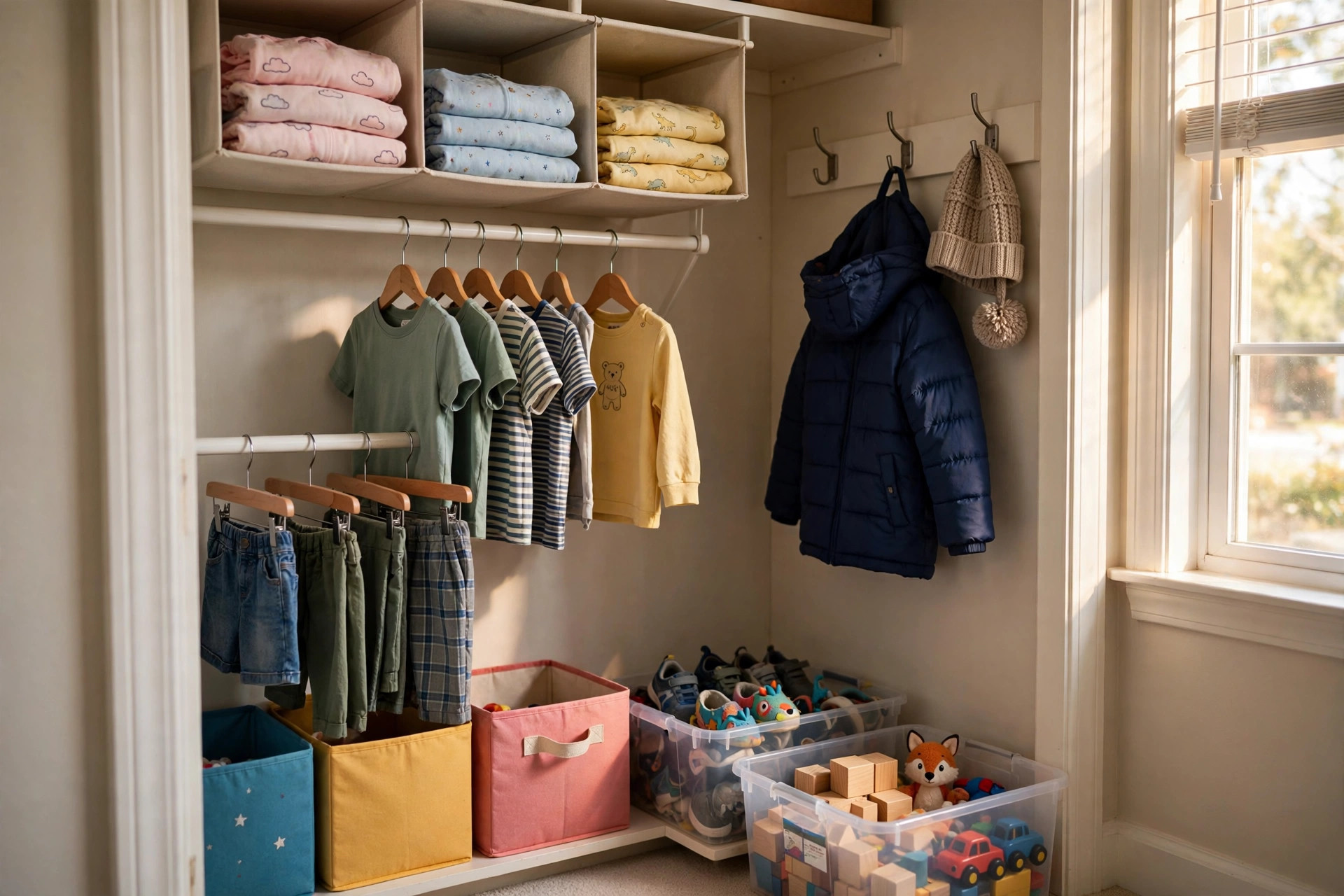 Space saving kids closet organizers for midwest homes in a tidy child bedroom closet