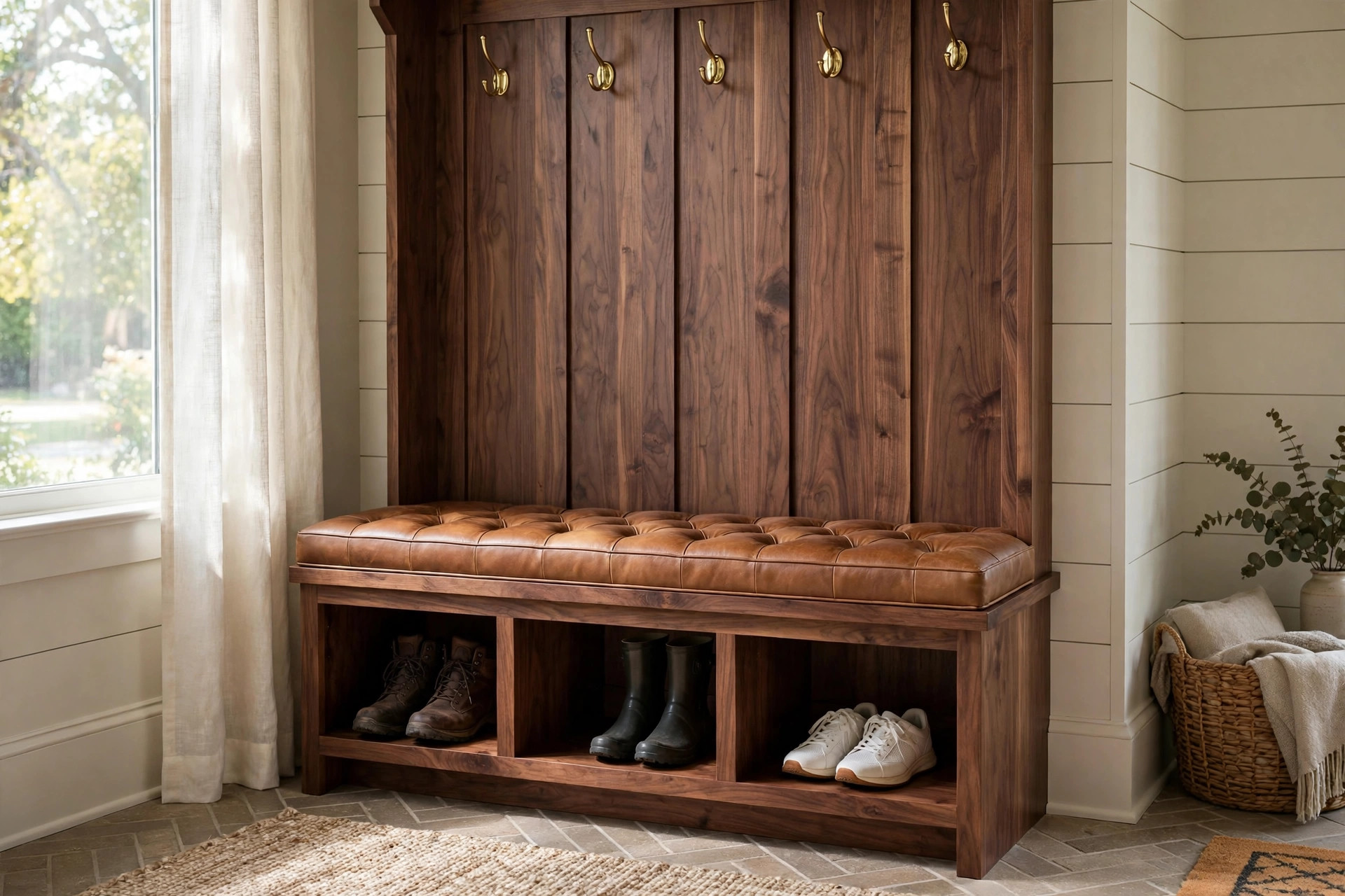 luxury mudroom storage benches for sale: A luxury mudroom storage bench with leather cushion and built-in shoe storage in an American entryway