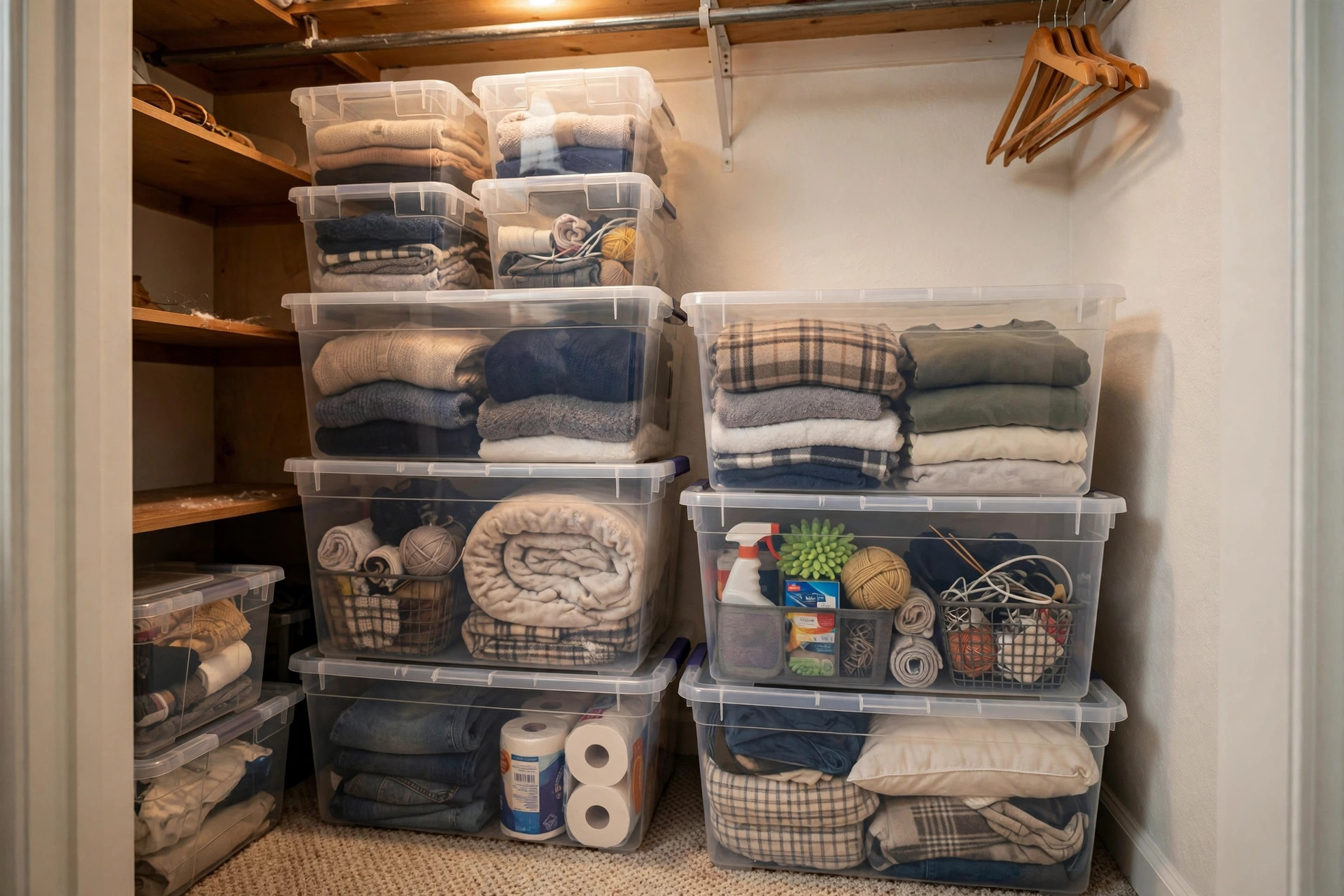 clear storage bins with lids price comparison usa: Clear storage bins with lids stacked in a neat American closet