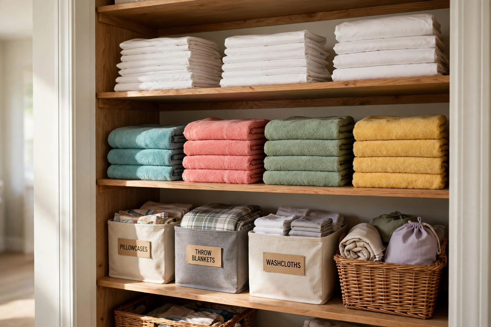 buy linen closet organizers online in the usa: Tidy linen closet shelves with folded sheets and towels