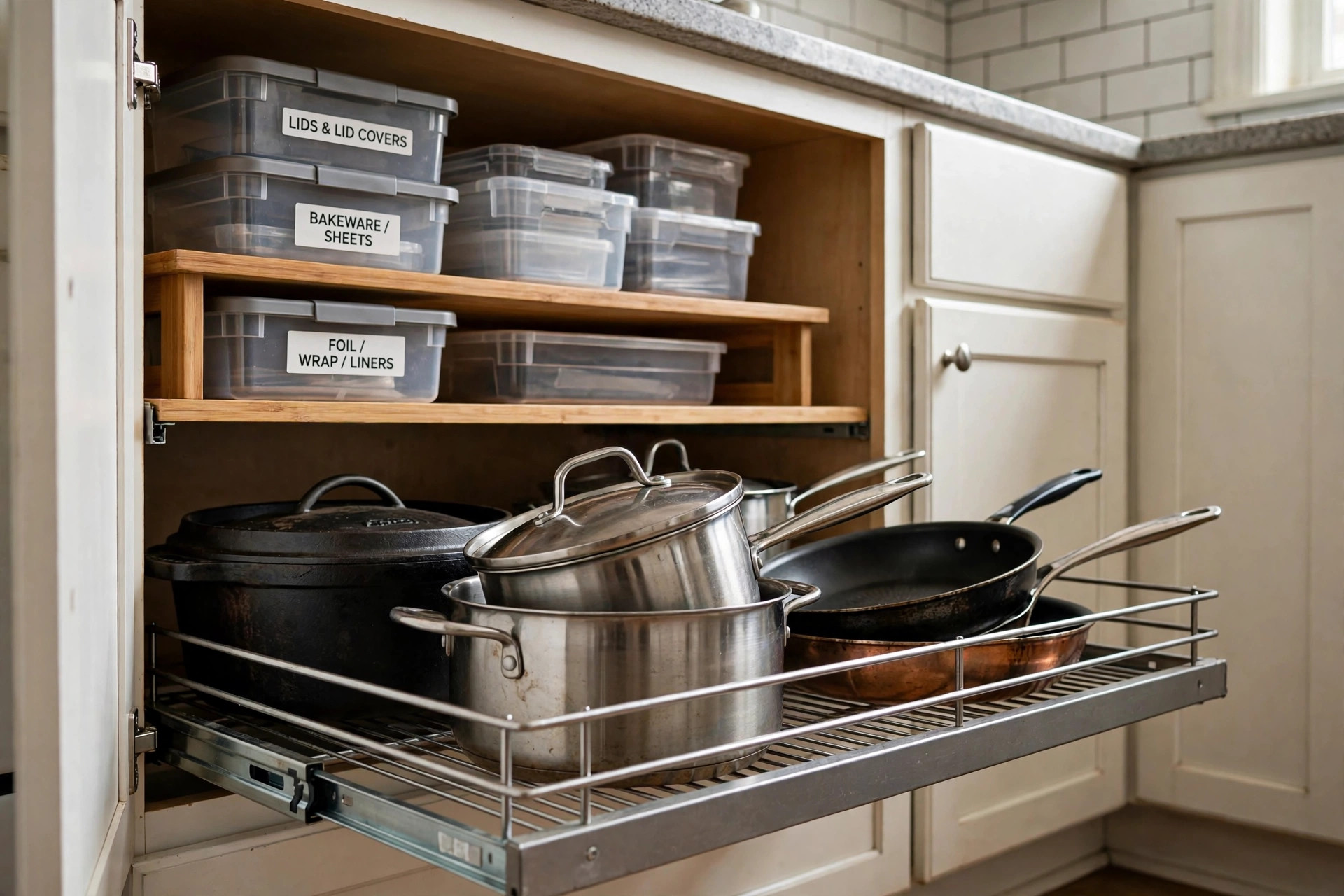 heavy duty kitchen cabinet organizers for california apartments: Heavy duty kitchen cabinet organizers in a California apartment kitchen