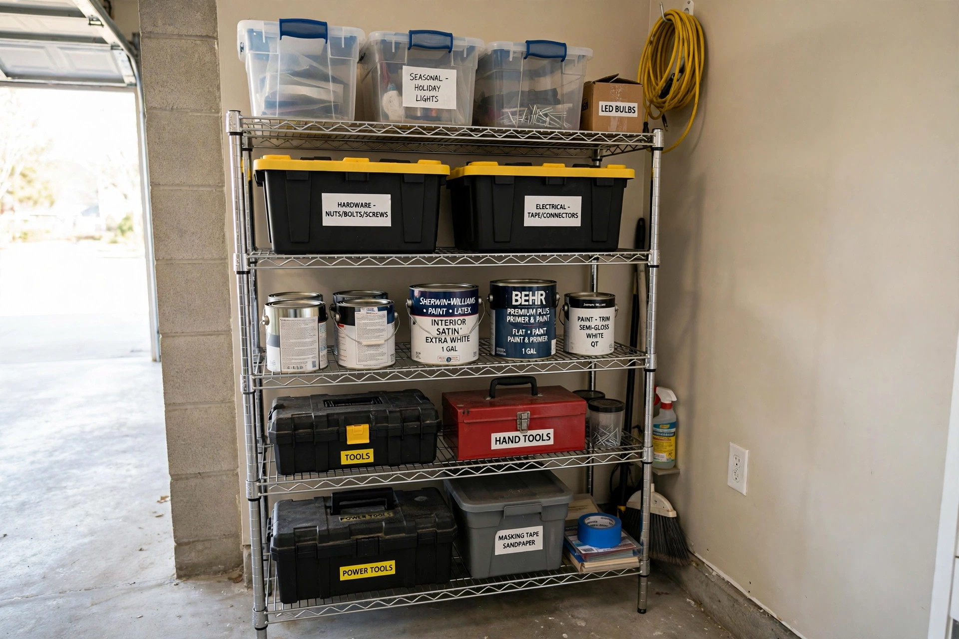 space saving heavy duty wire shelving buying guide: Wire shelving units holding boxes and supplies in a small garage