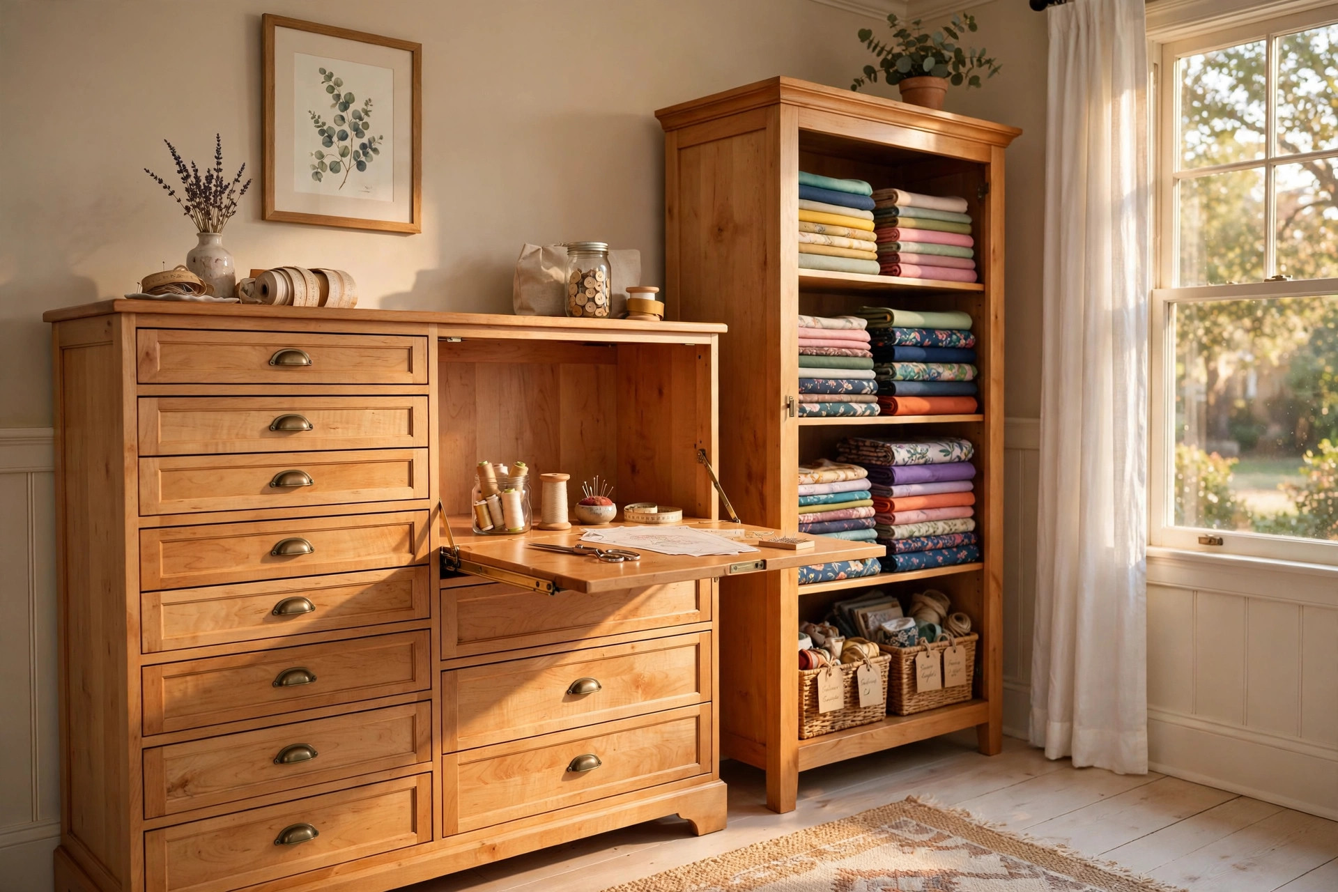 Luxury sewing room storage cabinets for sale in a bright American craft room