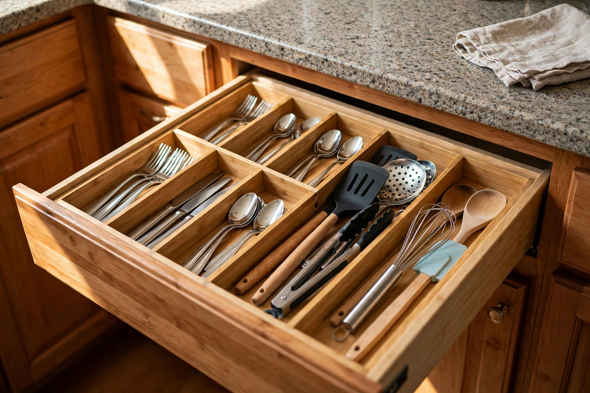 Open kitchen drawer with bamboo organizer trays for the best kitchen drawer organizers for first time homeowners