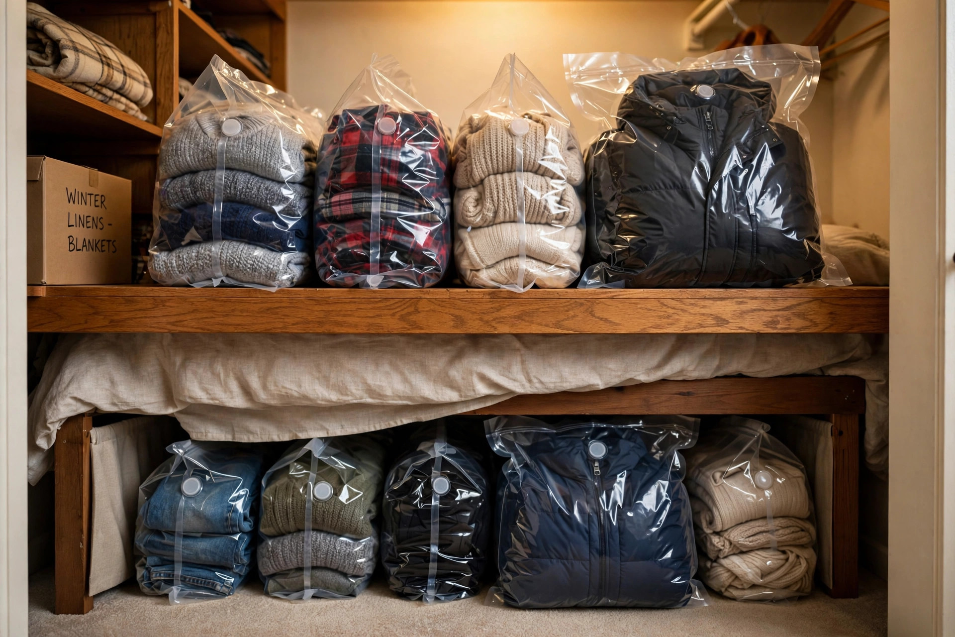vacuum storage bags for clothes price comparison usa: Vacuum storage bags for clothes stacked in a closet