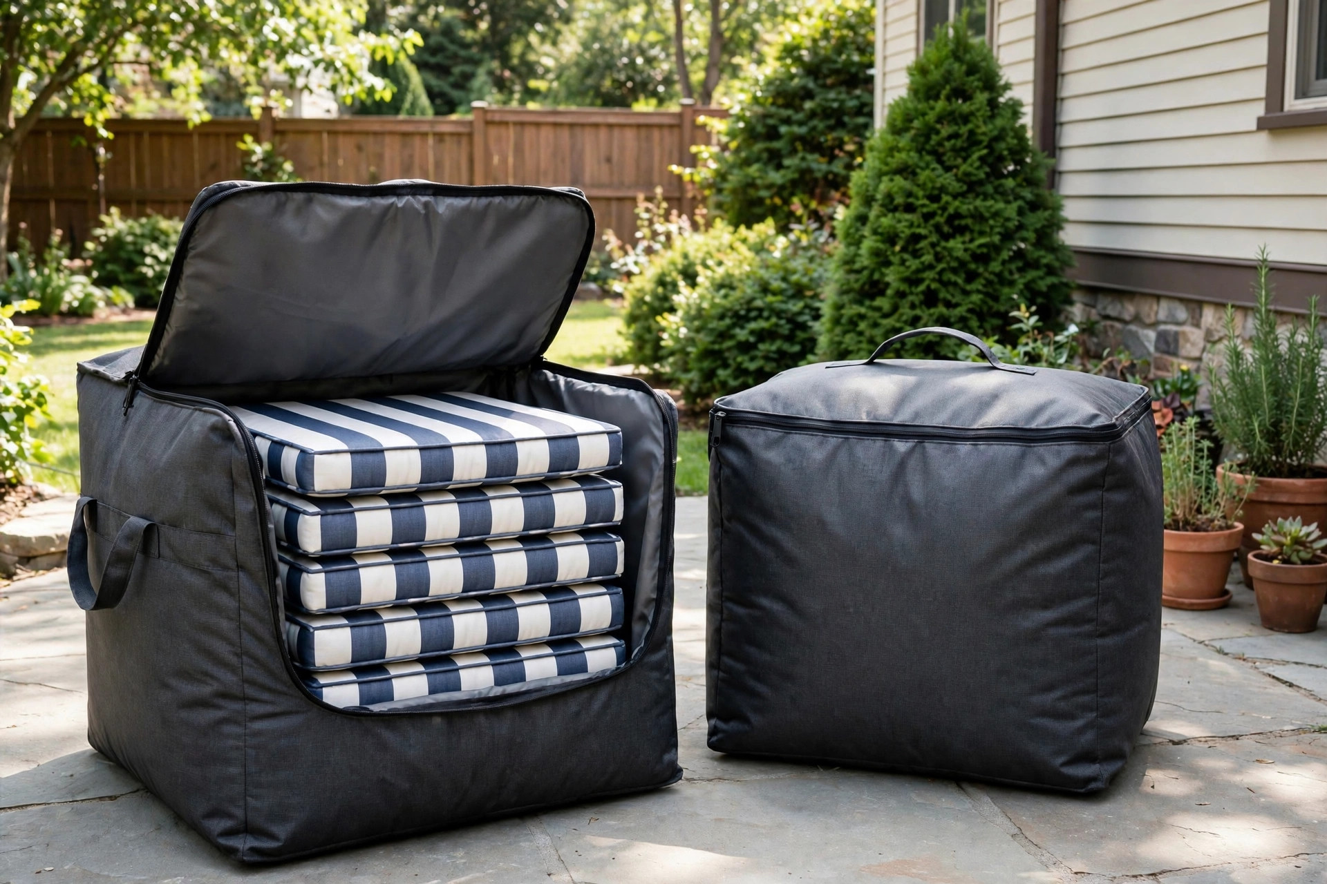patio cushion storage bags reviews and buying guide: Patio cushion storage bags holding patio cushions in a backyard