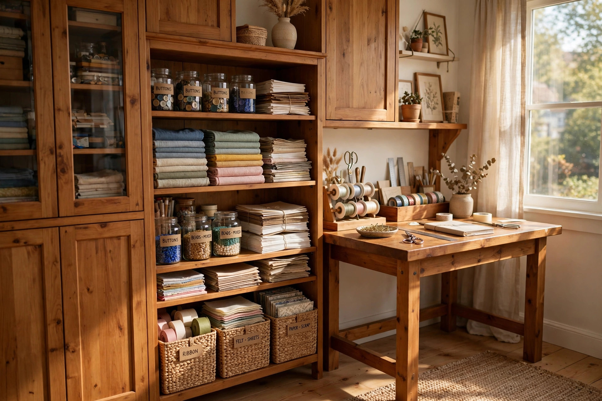 top rated craft room storage cabinets buying guide: Craft room storage cabinets neatly arranged in a real American craft room
