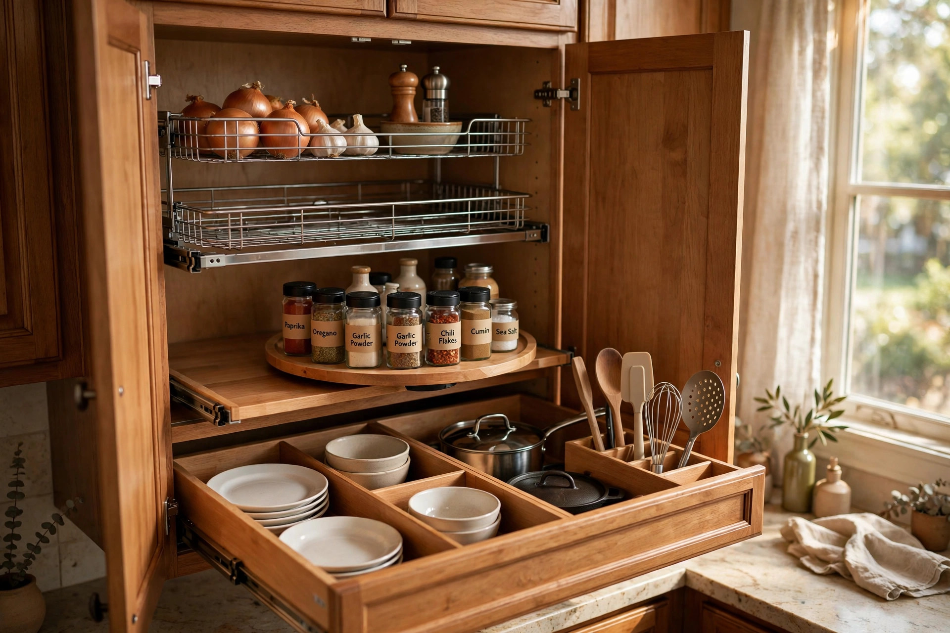 Organized kitchen cabinet with pull-out baskets and dividers - kitchen cabinet organizers reviews and buying guide