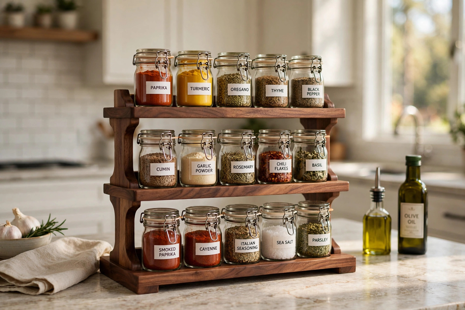luxury spice rack organizers buying guide: Luxury spice rack organizers on a walnut kitchen shelf with labeled glass jars