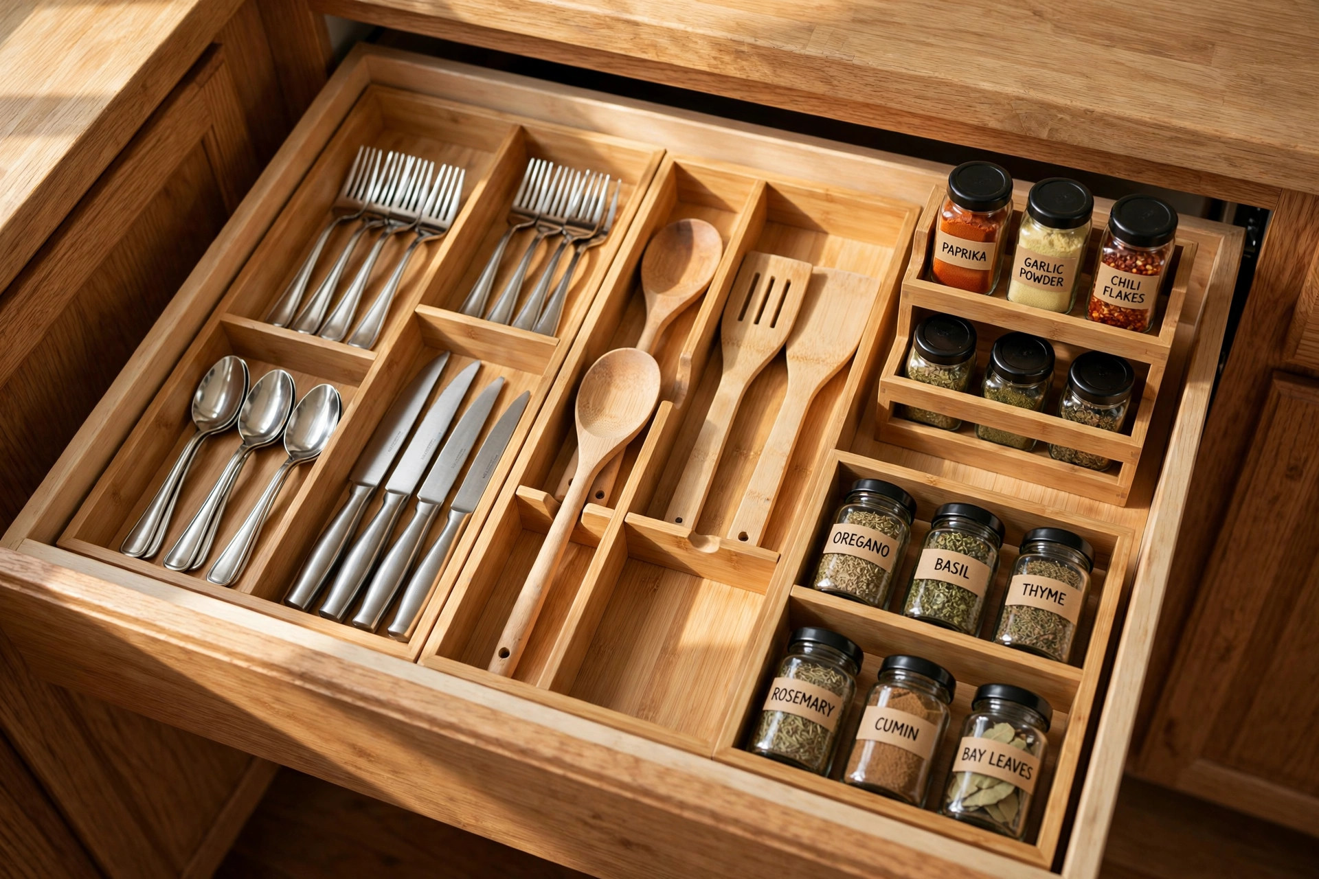 kitchen drawer organizers price comparison usa: Open kitchen drawer fitted with wooden dividers holding neatly arranged utensils