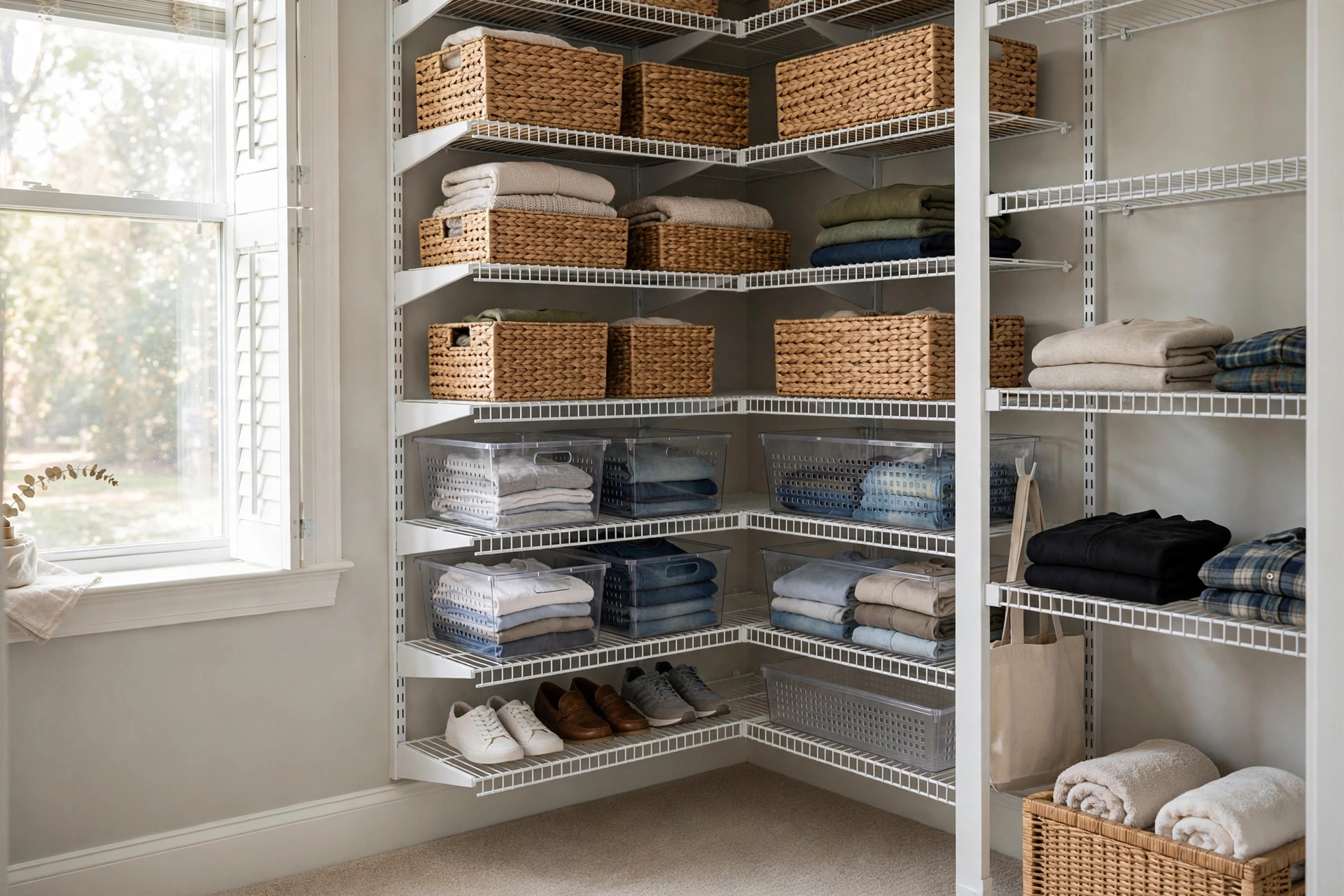 Top rated corner closet organizers for humid climates in a bright walk-in closet
