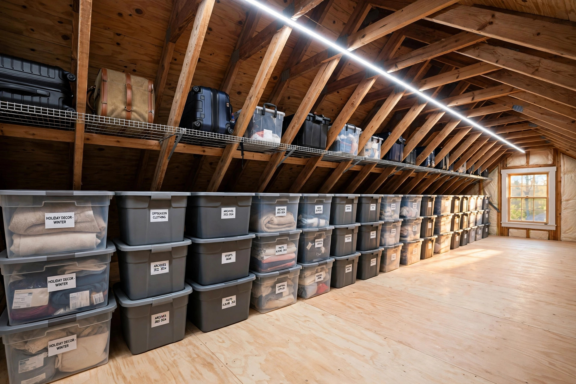 premium attic storage solutions buying guide: Organized attic with premium storage bins and plywood flooring