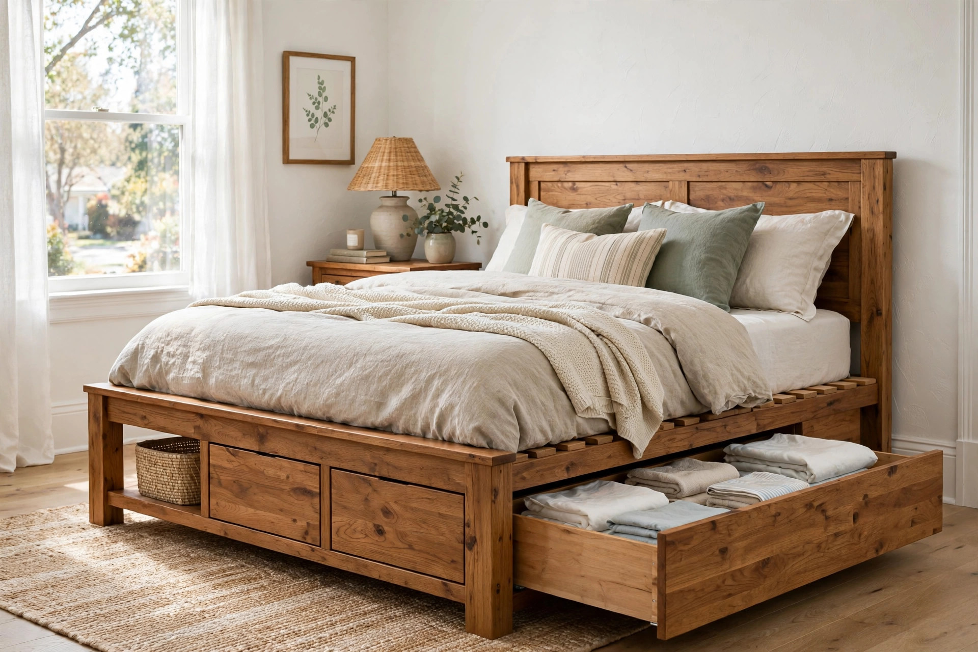 bed frames with drawers price comparison usa: Bed frame with drawers in a bright American bedroom