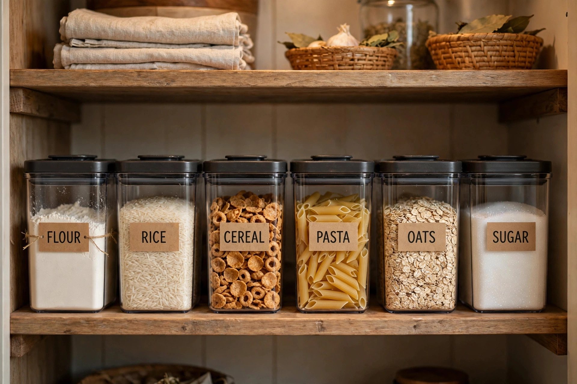 pantry food storage containers reviews and buying guide: Air-tight pantry food storage containers with dry goods on a pantry shelf