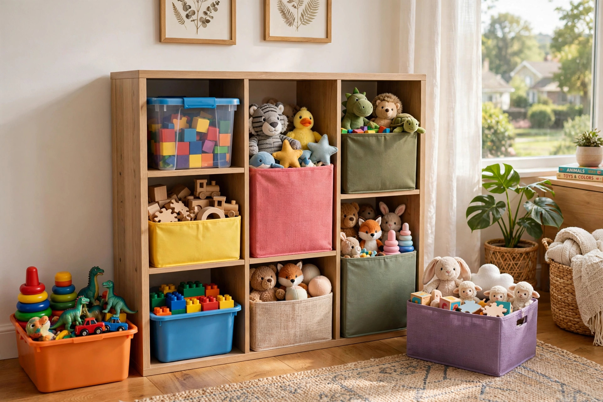 toy storage bins price comparison usa: Colorful toy storage bins in a tidy American family living room