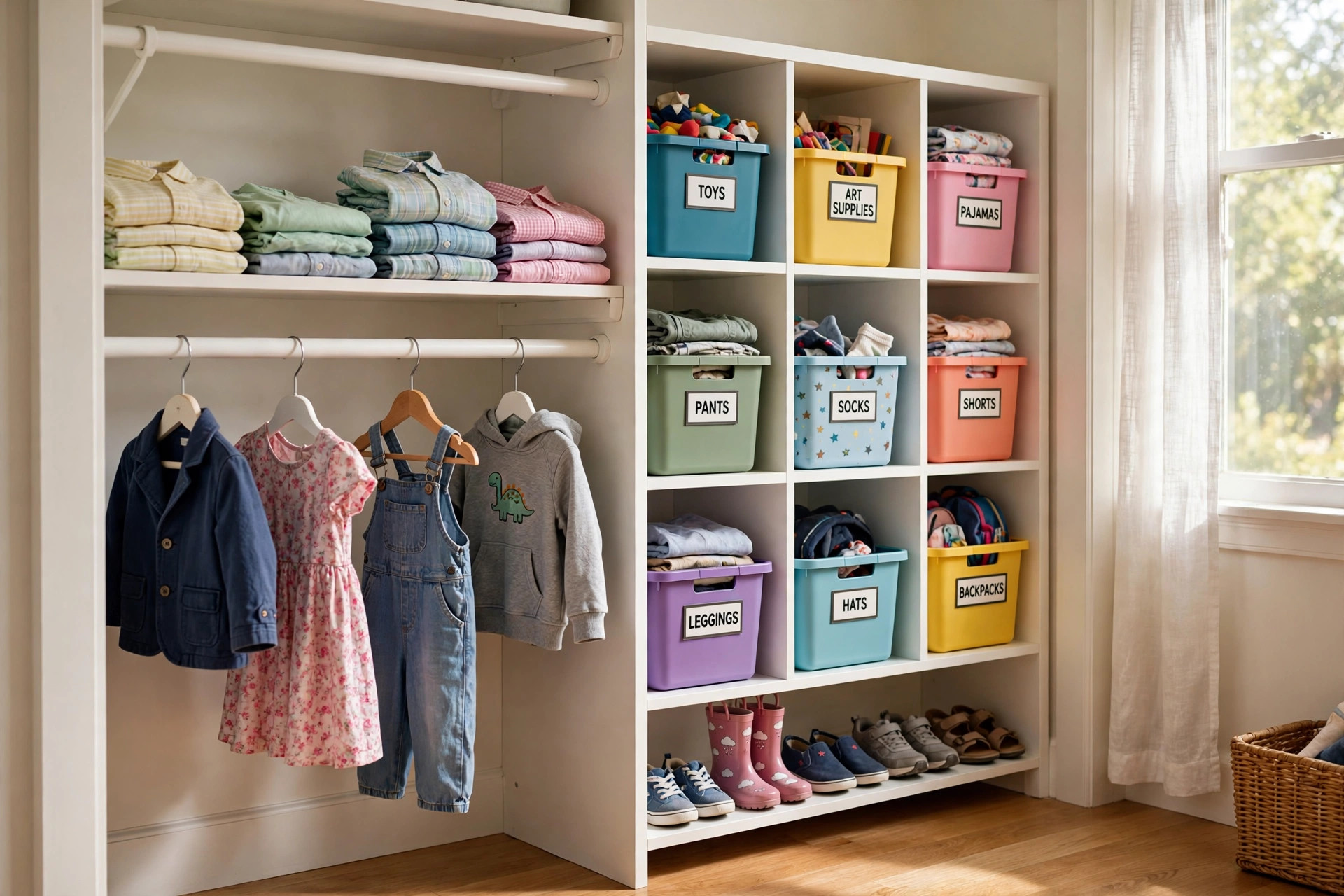 kids closet organizers reviews and buying guide: Kids closet organizers with shelves and bins in a child's bedroom