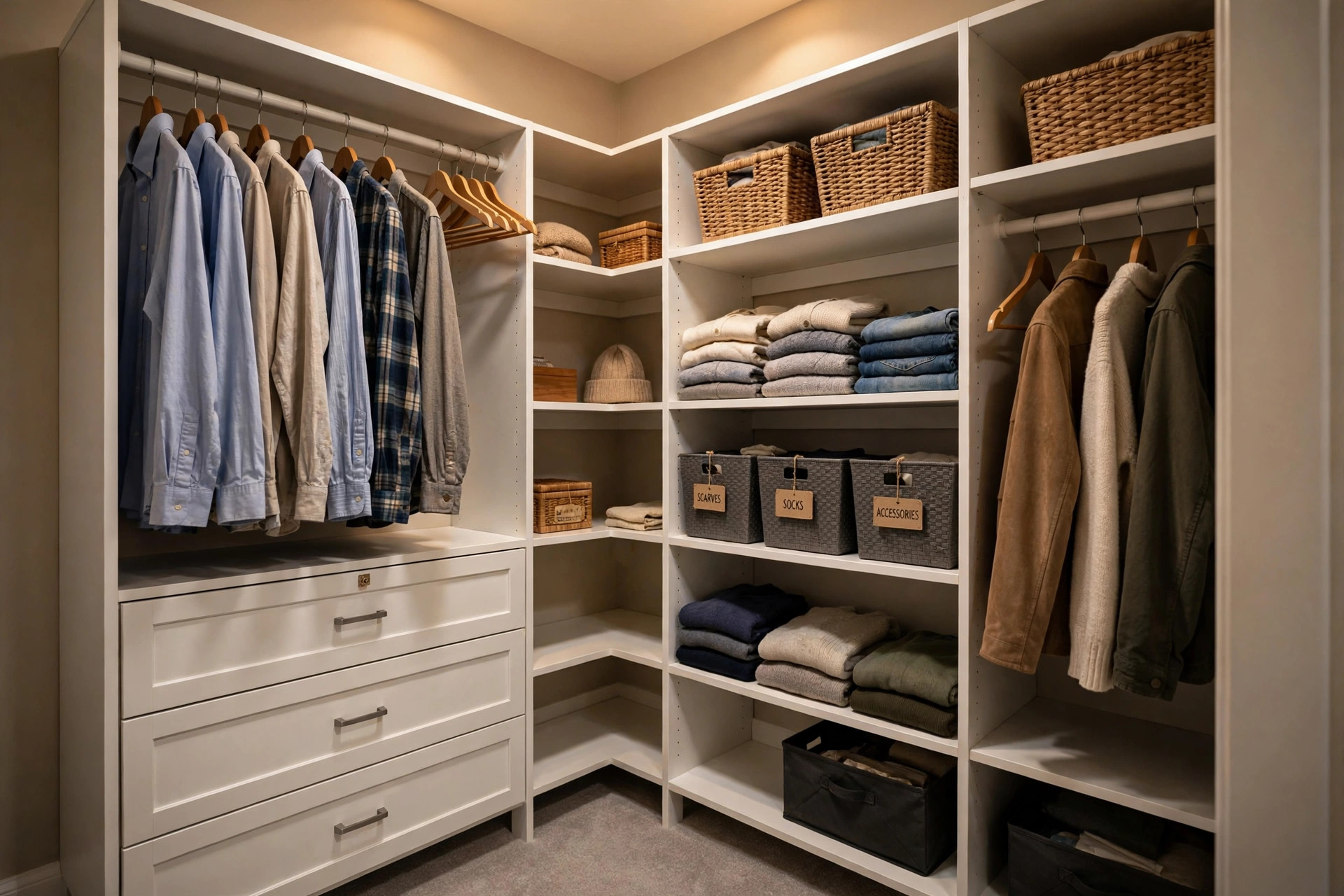 Space saving corner closet organizers for southern states in a tidy walk-in closet corner