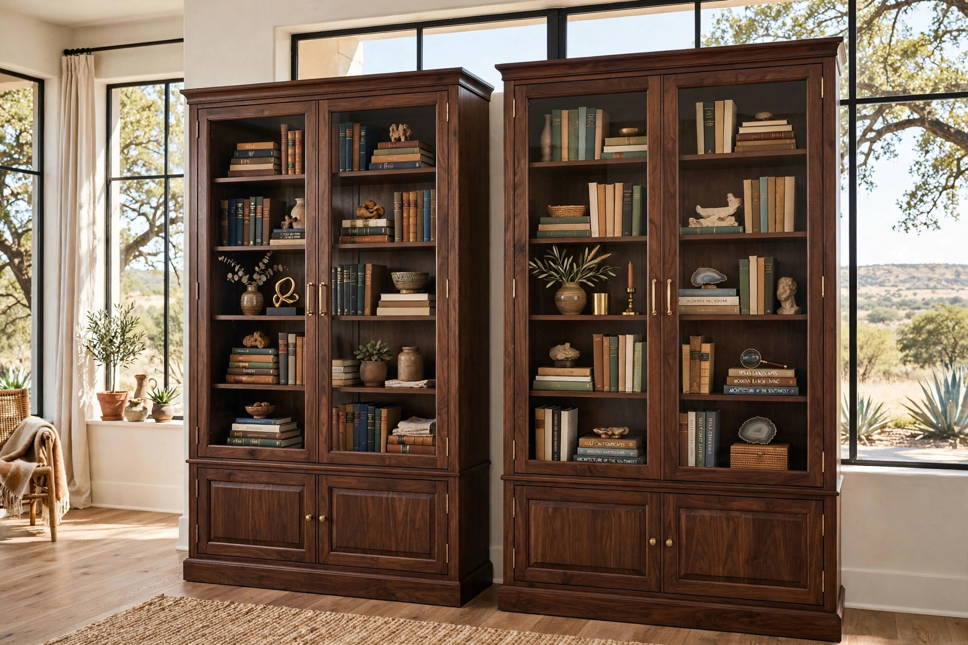 Luxury bookcases with storage doors for texas homes in a bright Texas living room